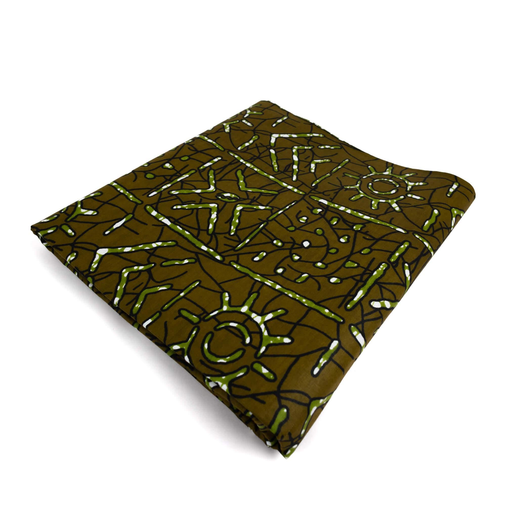 "Earthy Symbols" Olive Green & White Mud Cloth Style Wax Print (Ankara) – 6 Yards