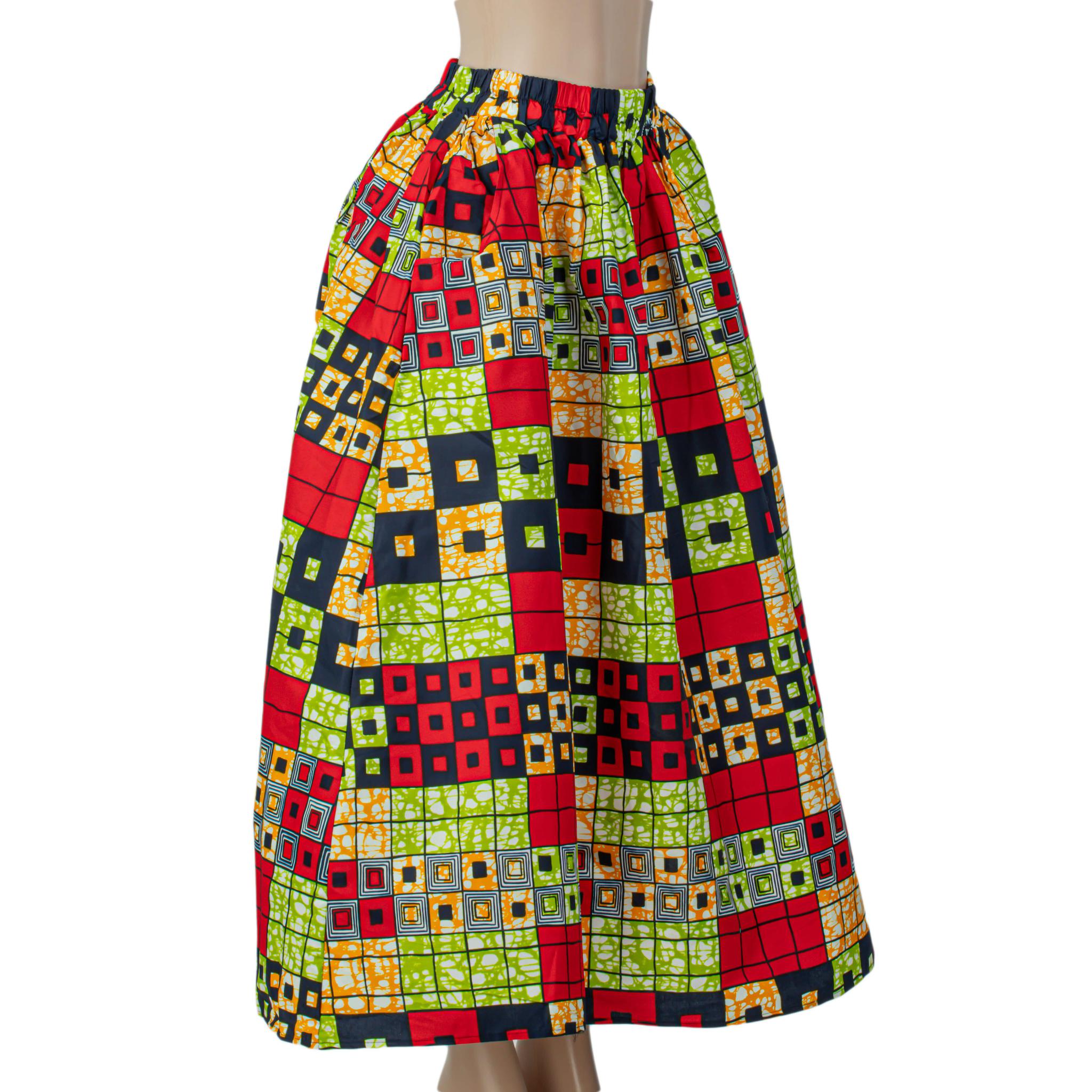Handmade Red Multi Ankara Print Midi Skirt