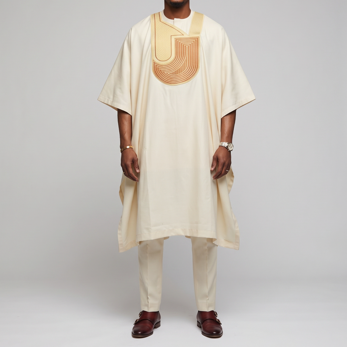 Cream 3-Piece Embroidered Agbada Set