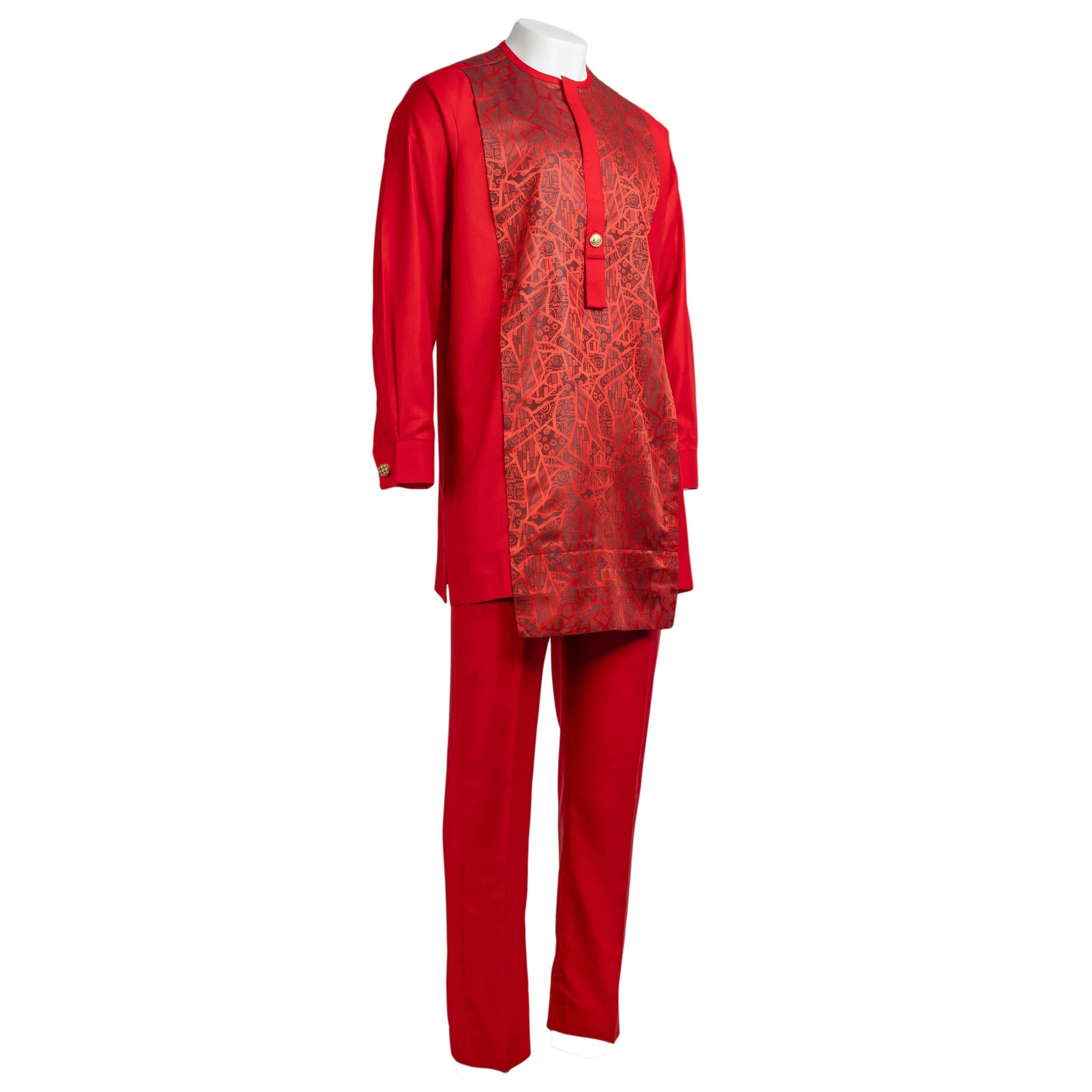 Crimson Reign: Men's Red Jacquard Senator Suit