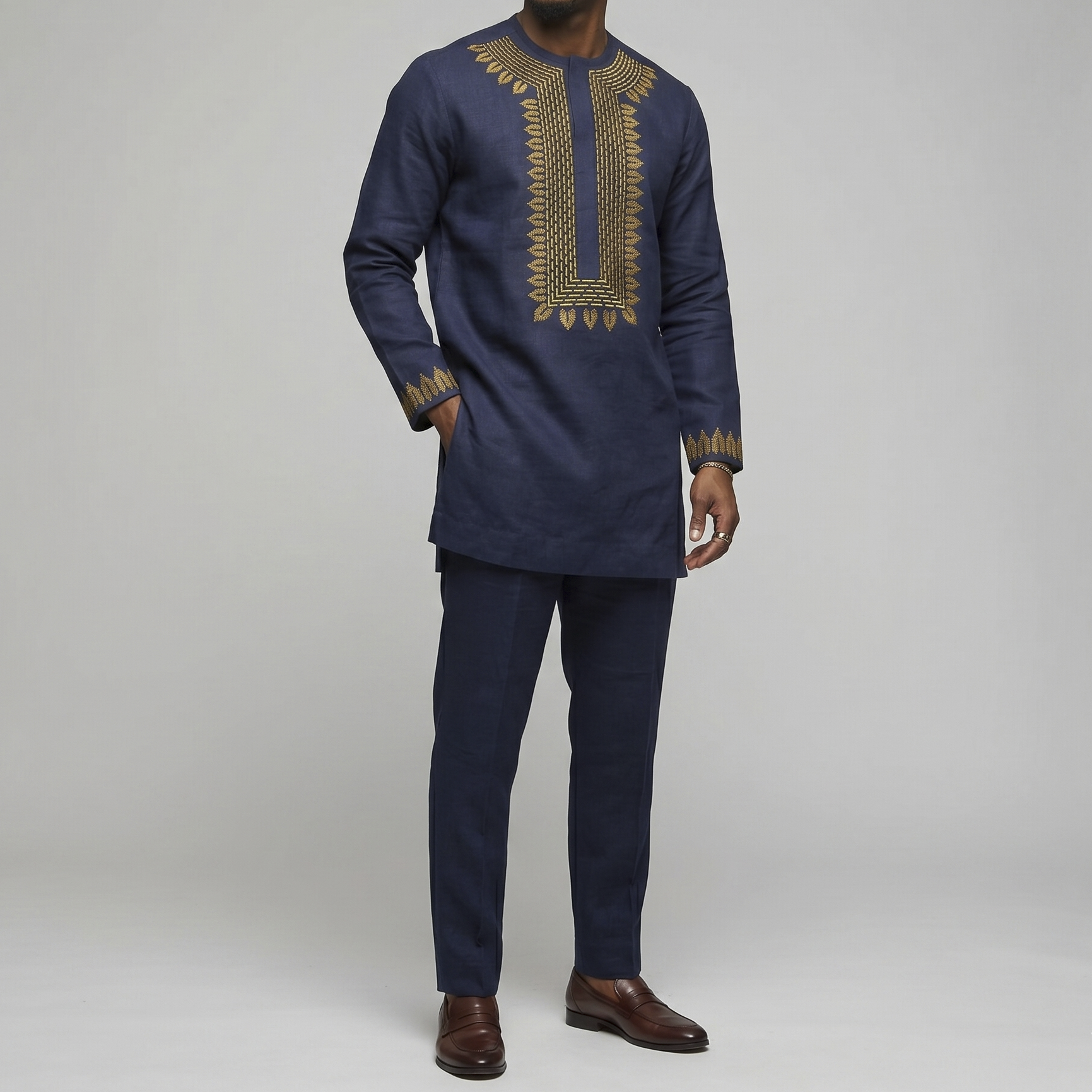 Navy Blue Nigerian Linen Suit with Intricate Gold Embroidery