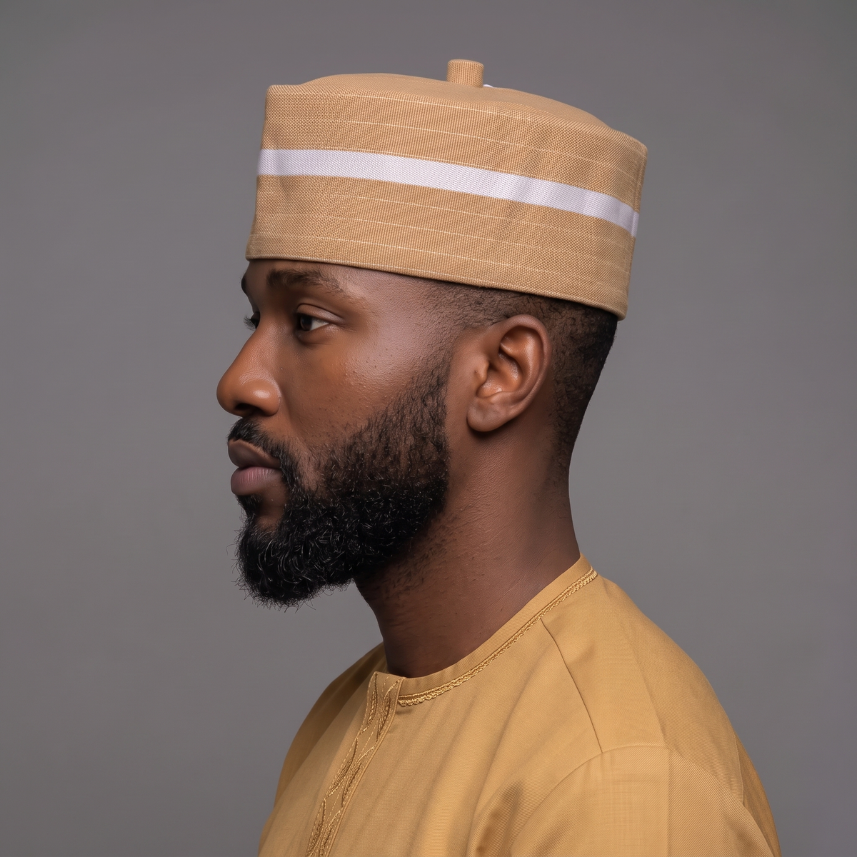 Handcrafted Tan and White (Aso-Oke) Striped Woven Cap with Traditional Top Knot