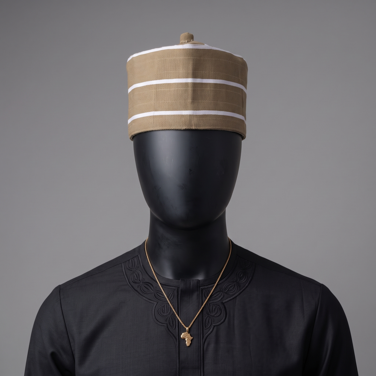 Tan and White (Aso-Oke) Striped Woven Cap with Traditional Top Knot