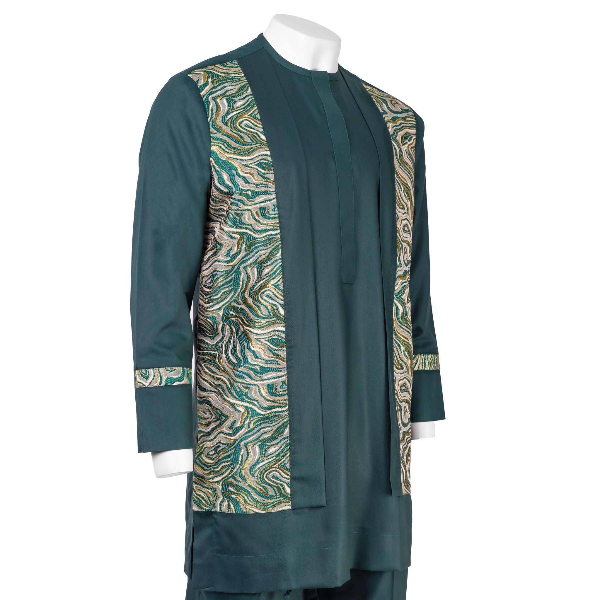 Green Brocade Panel Pant Set