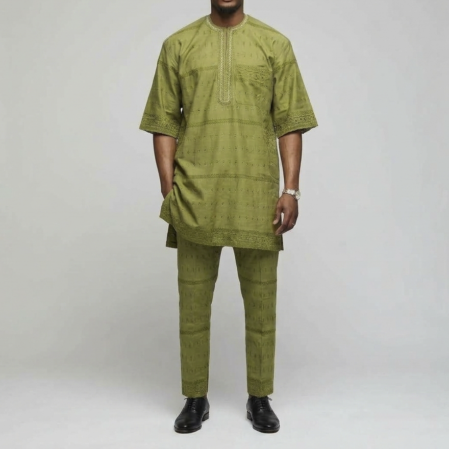Olive Green Eyelet Lace Buba & Sokoto Set