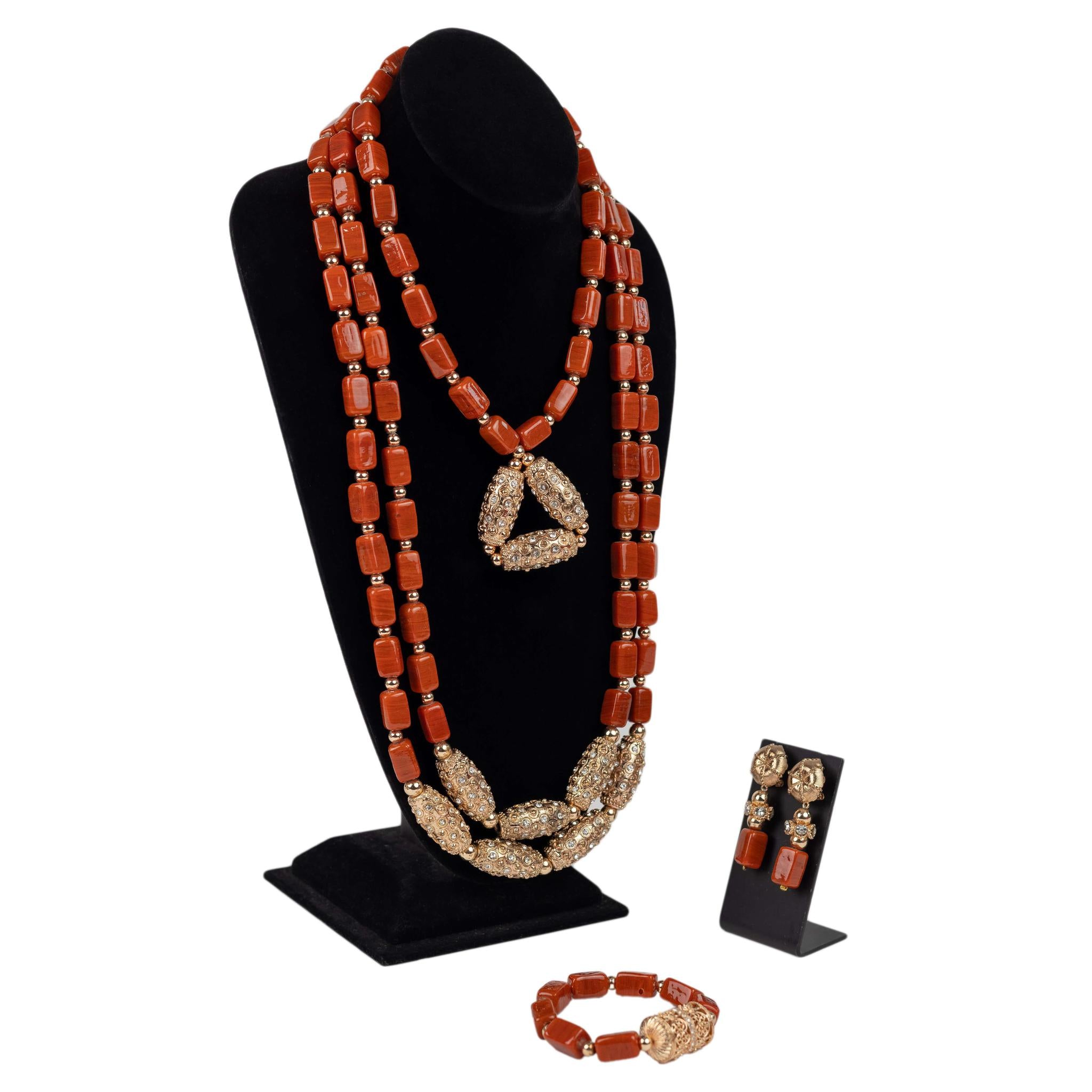 Majestic Coral & Gold Crystal Statement 4pc Jewelry Set