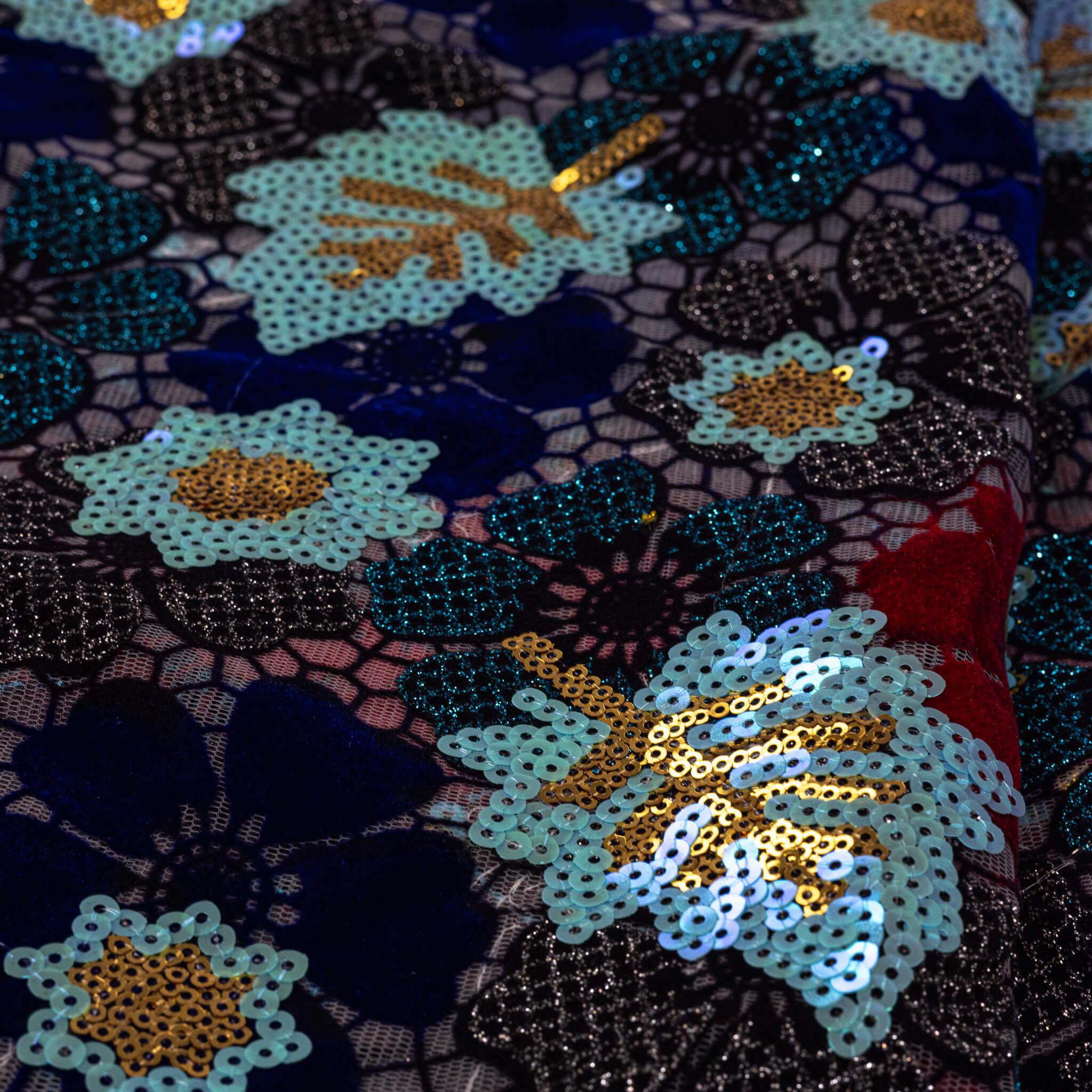 Black, Teal & Red Multi Sequin Lace