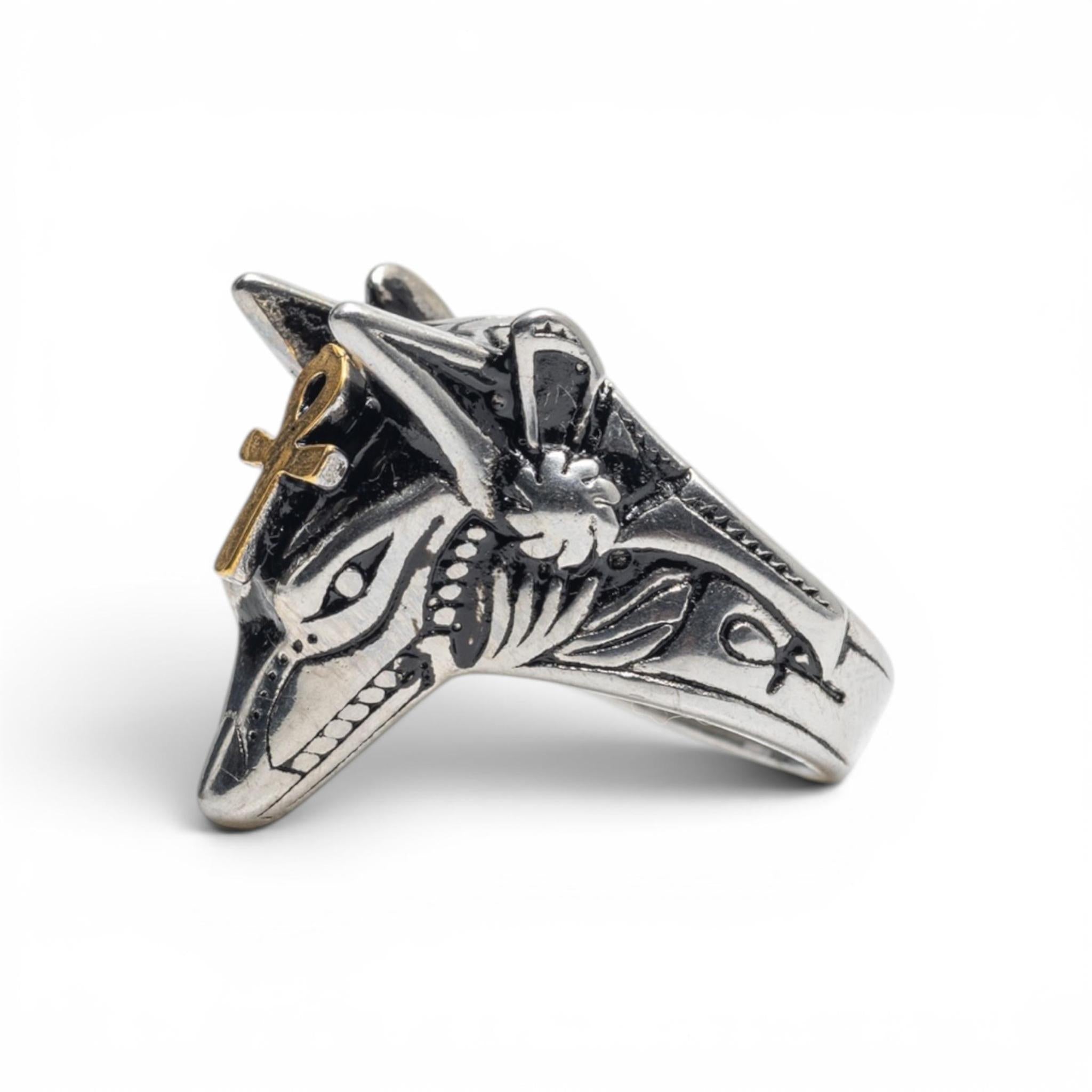 Antiqued Silver-Tone Anubis & Ankh Statement Ring