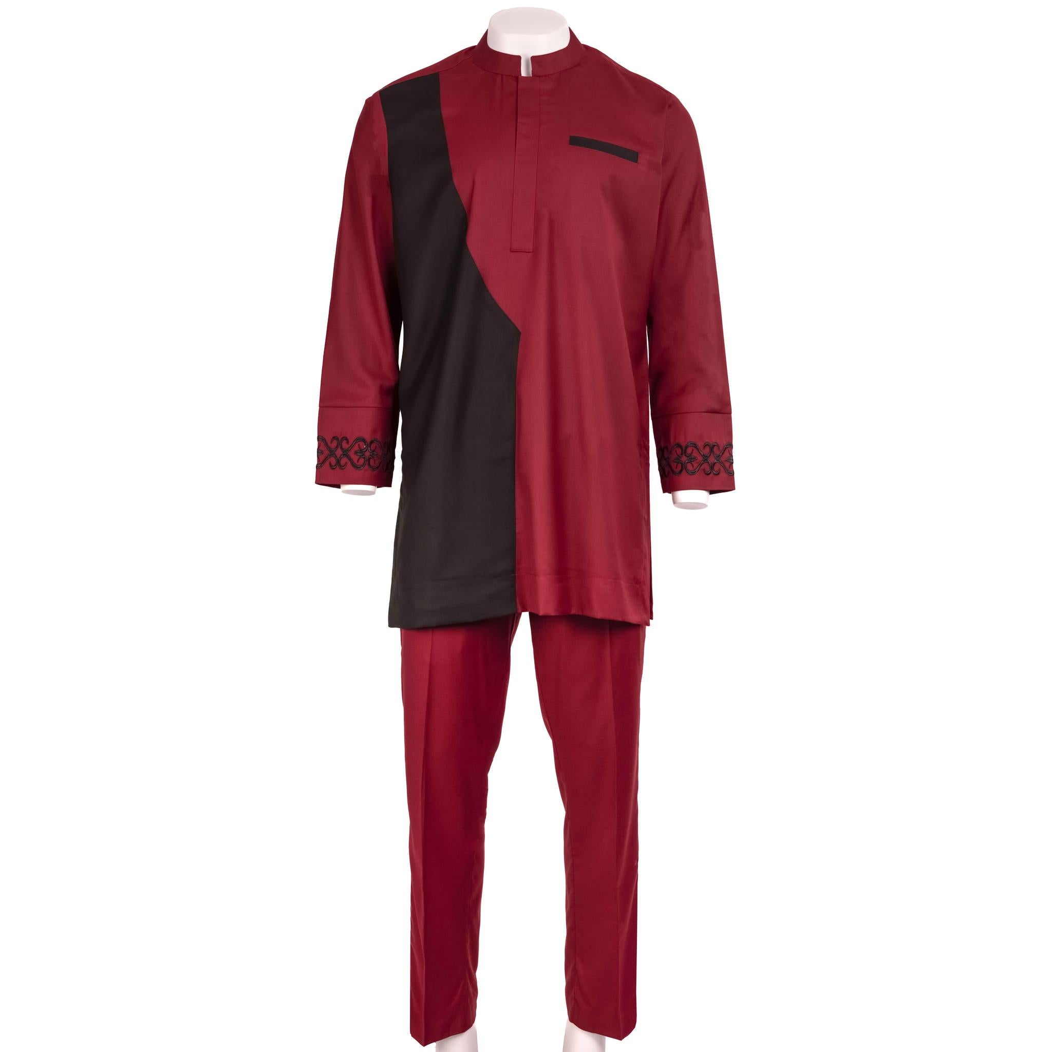 Wine & Black Mandarin Collar Pant Set