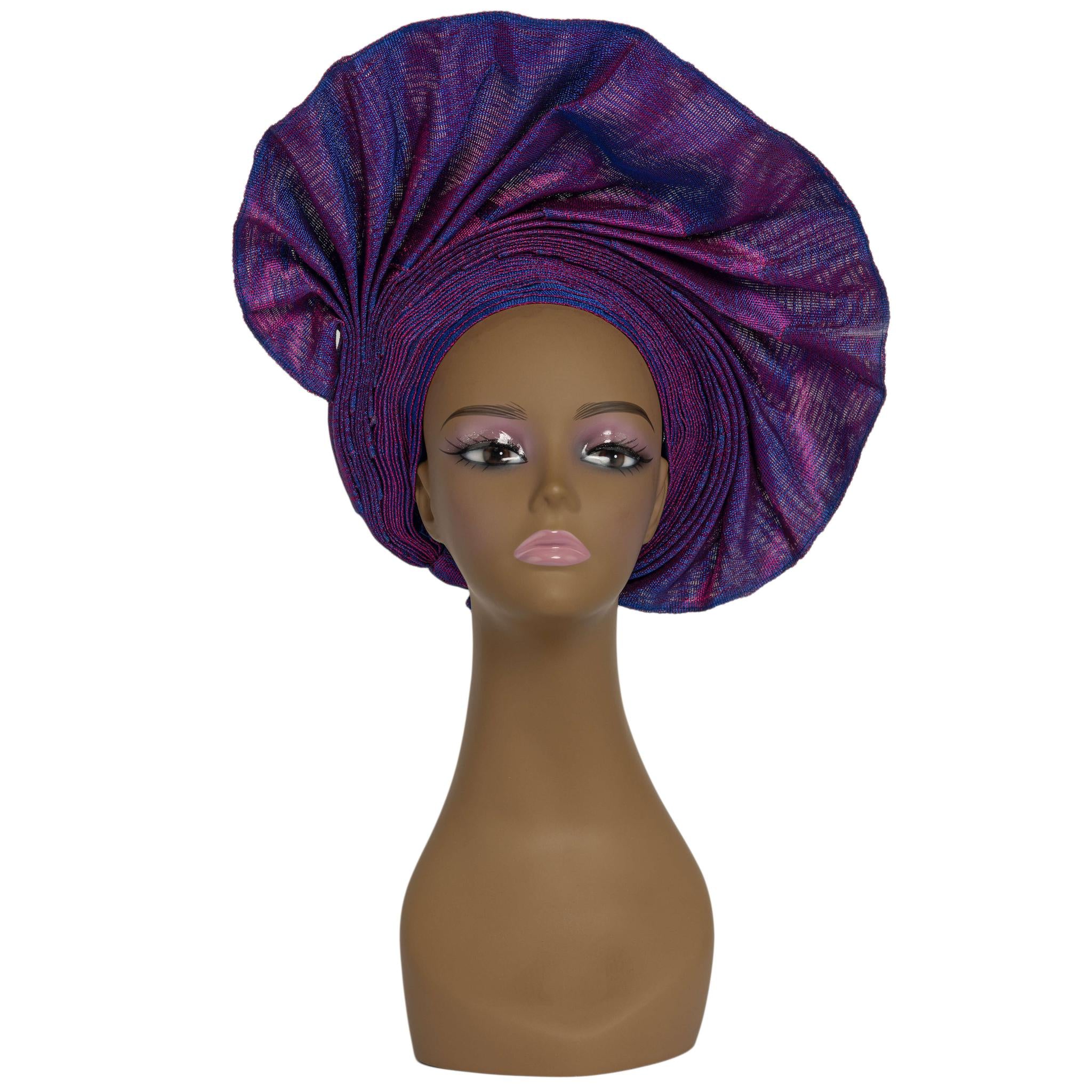 Blue & Pink Aso Oke Auto Gele