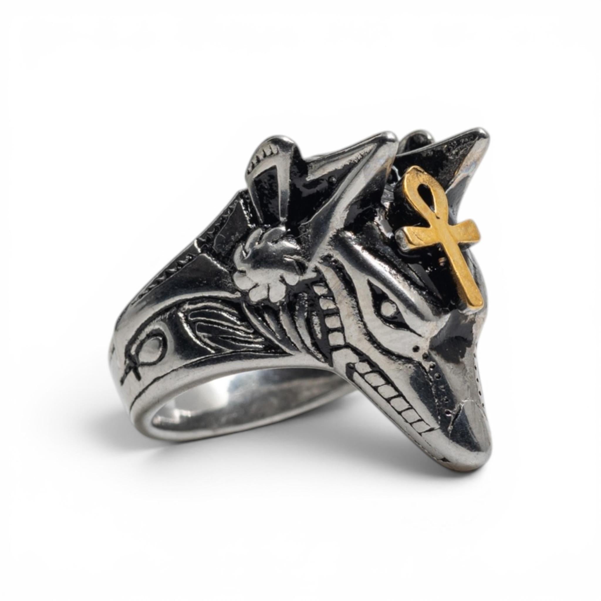 Antiqued Silver-Tone Anubis & Ankh Statement Ring