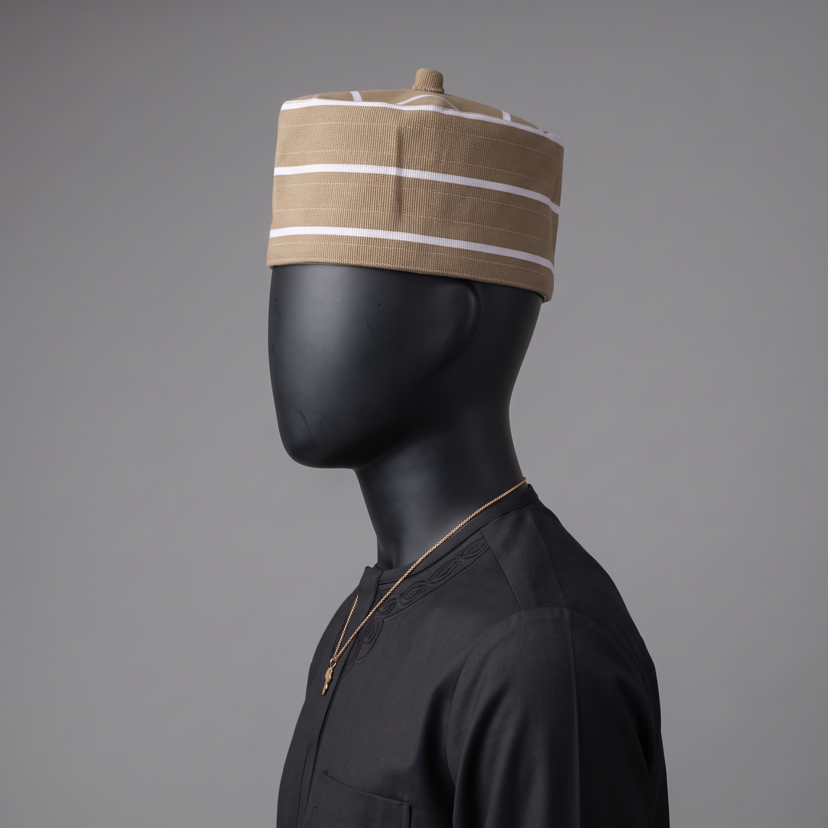 Tan and White (Aso-Oke) Striped Woven Cap with Traditional Top Knot