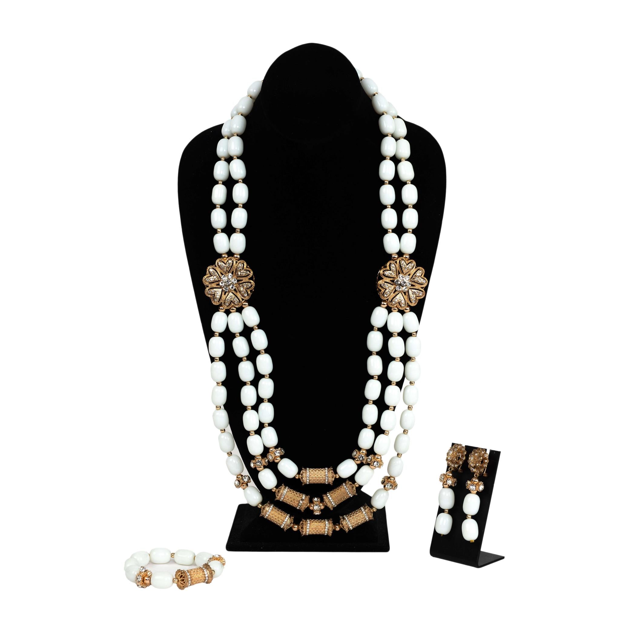 White & Gold Beaded Statement Jewelry Set (Necklace, Bracelet, Earrings)