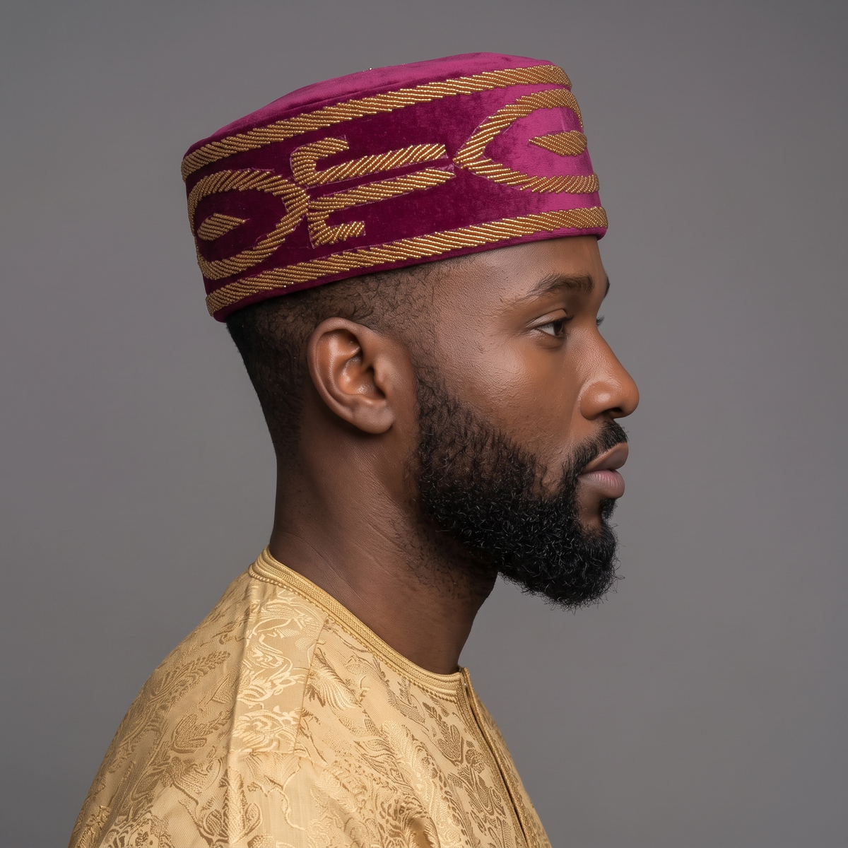 Hand-Beaded Nigerian Burgundy Velvet Cap