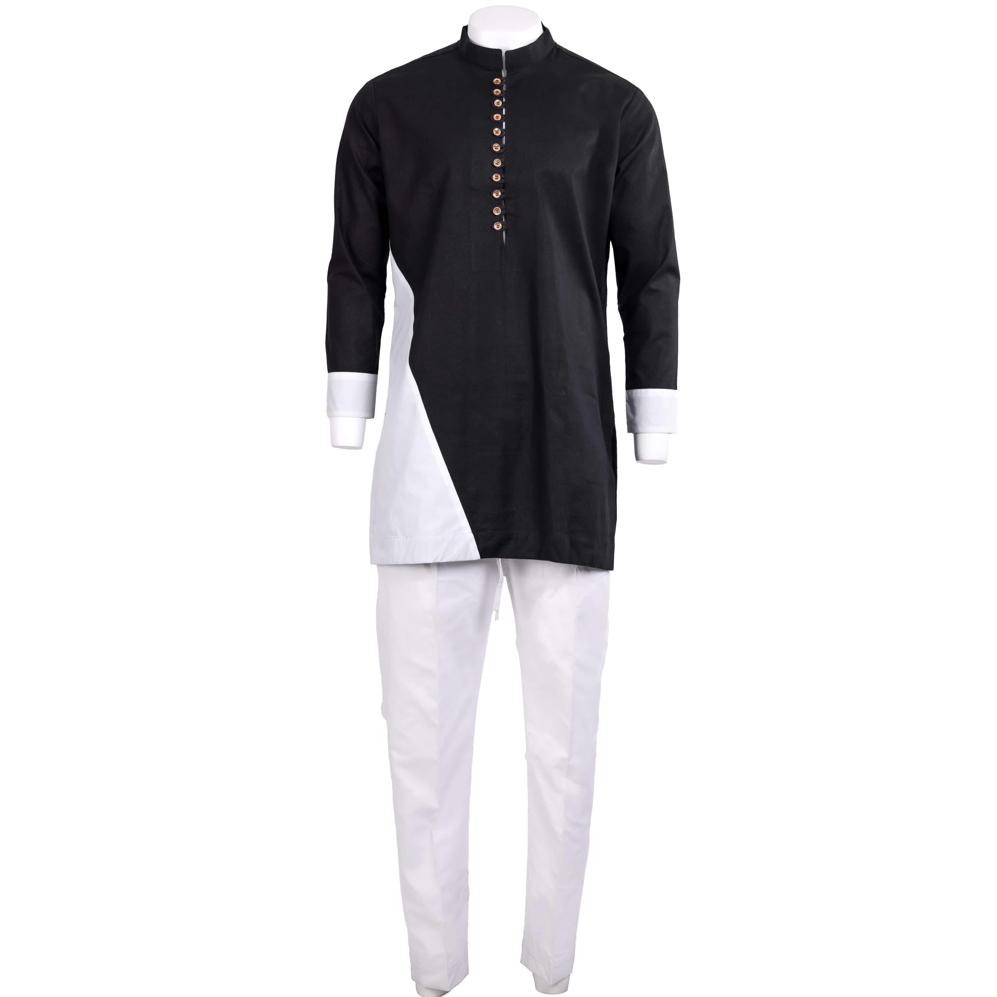 White & Black Stand-up Collar Long Sleeve Set