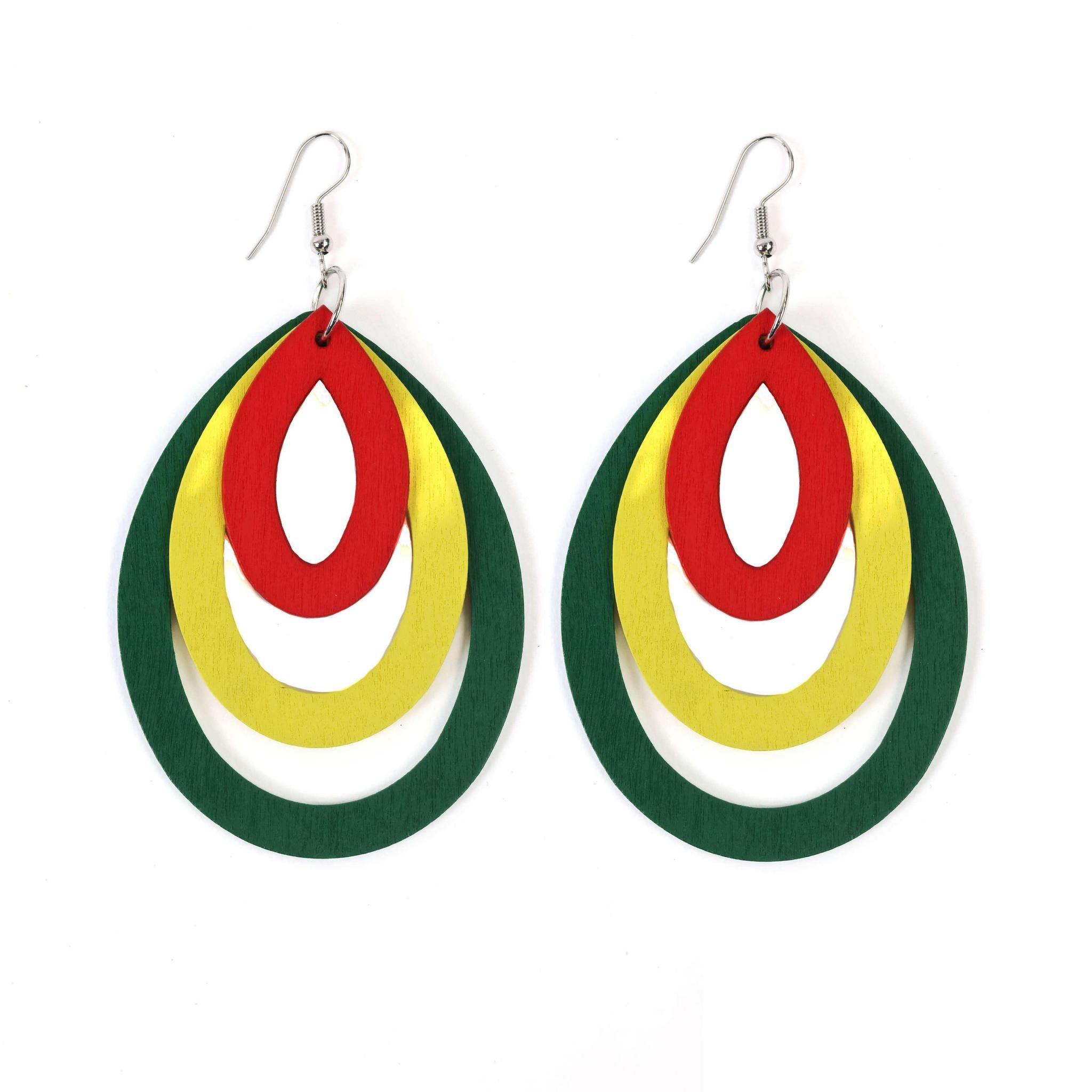 Triple Oval Wooden Drop Earrings - Red, Yellow & Green