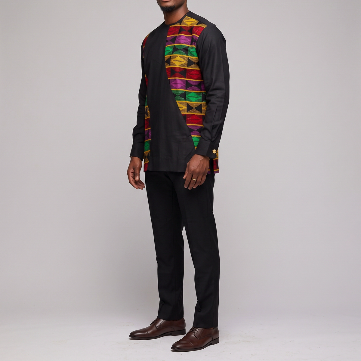 Bold Black & Multicolor Kente Patch Senator Suit