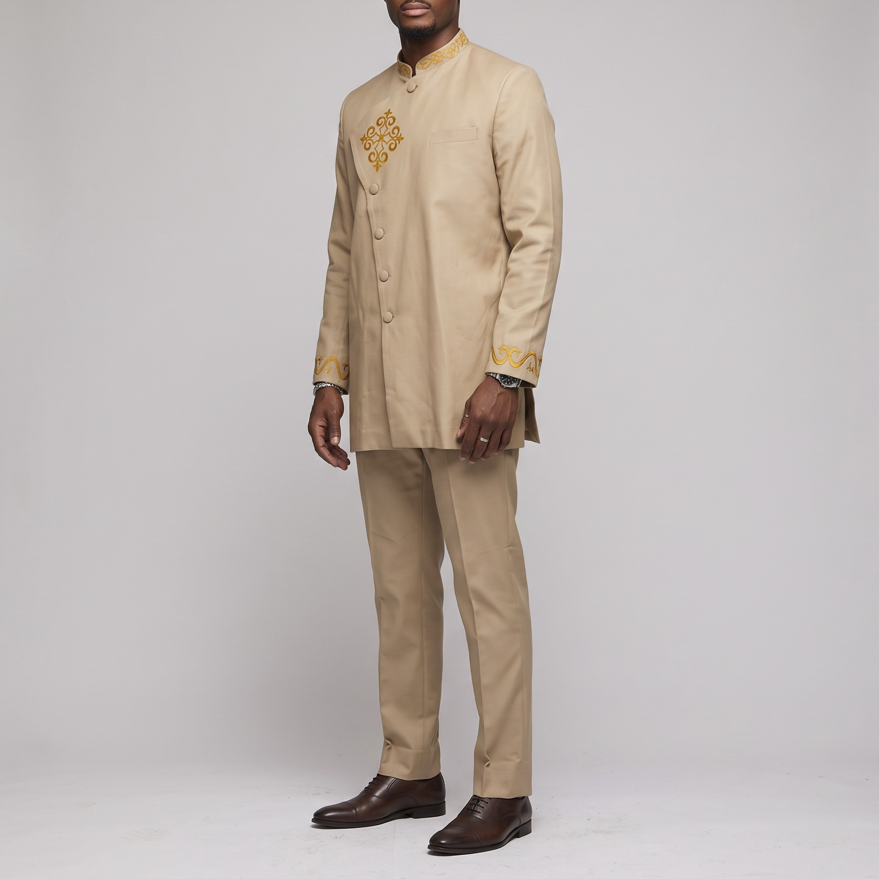 Beige & Gold Asymmetric Men's Tunic Suit