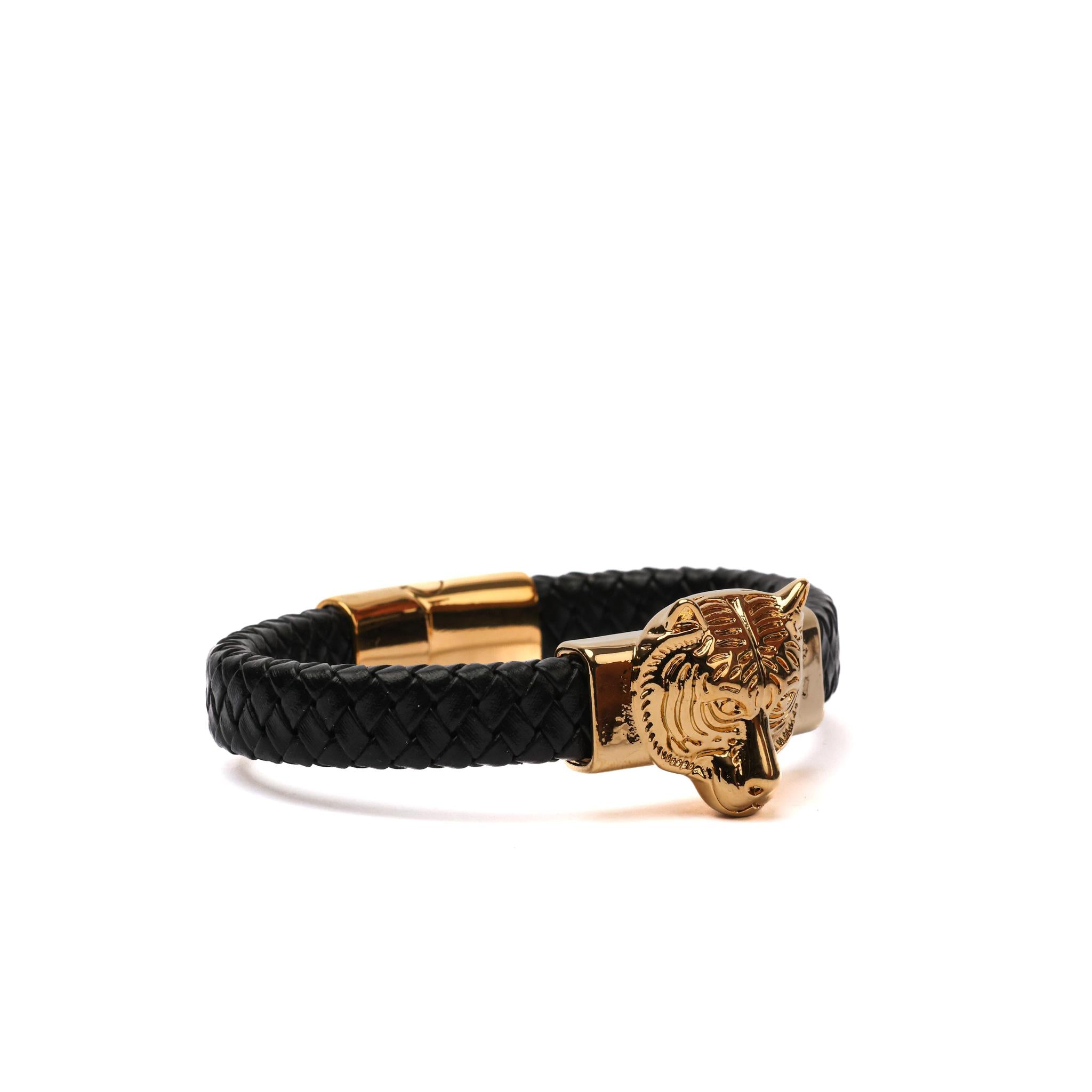Gold Tiger Head Braided Leather Bracelet