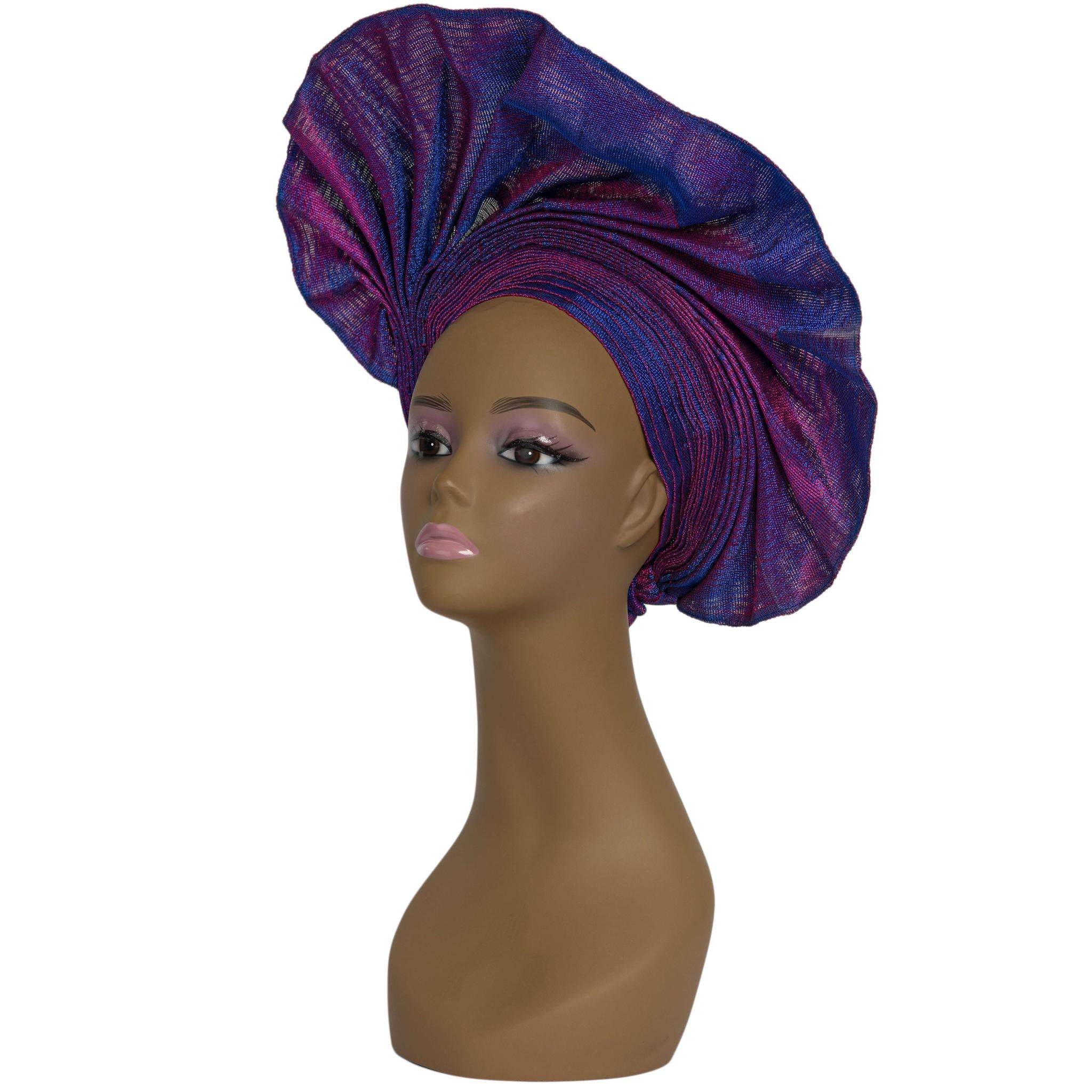 Blue & Pink Aso Oke Auto Gele