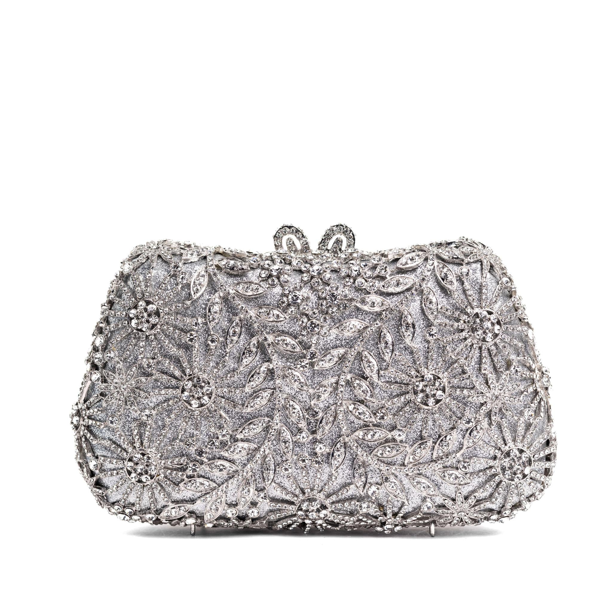 Silver Patterned Rhinestone Clutch Purse