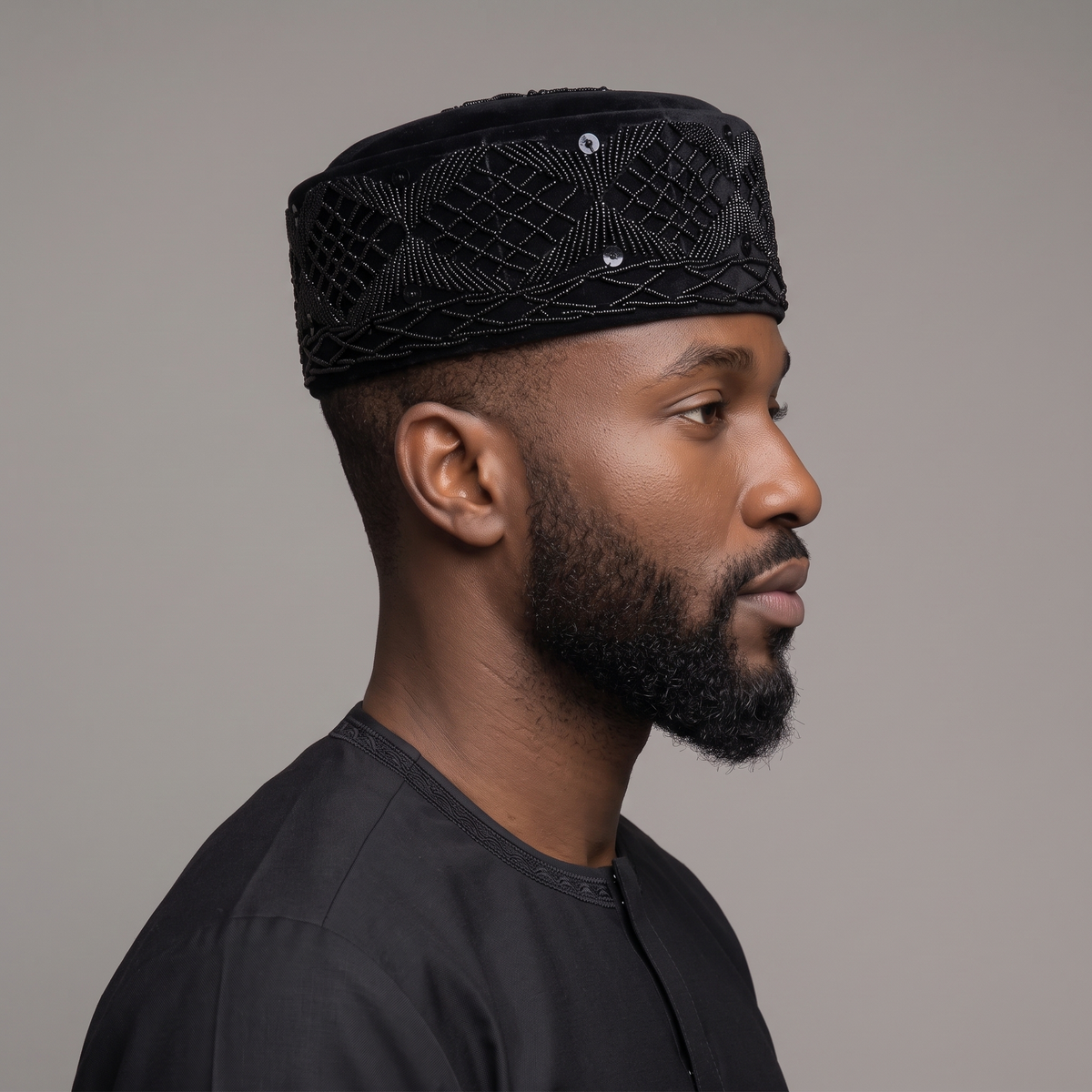 Onyx Black Velvet Cap with Tonal Geometric Beadwork
