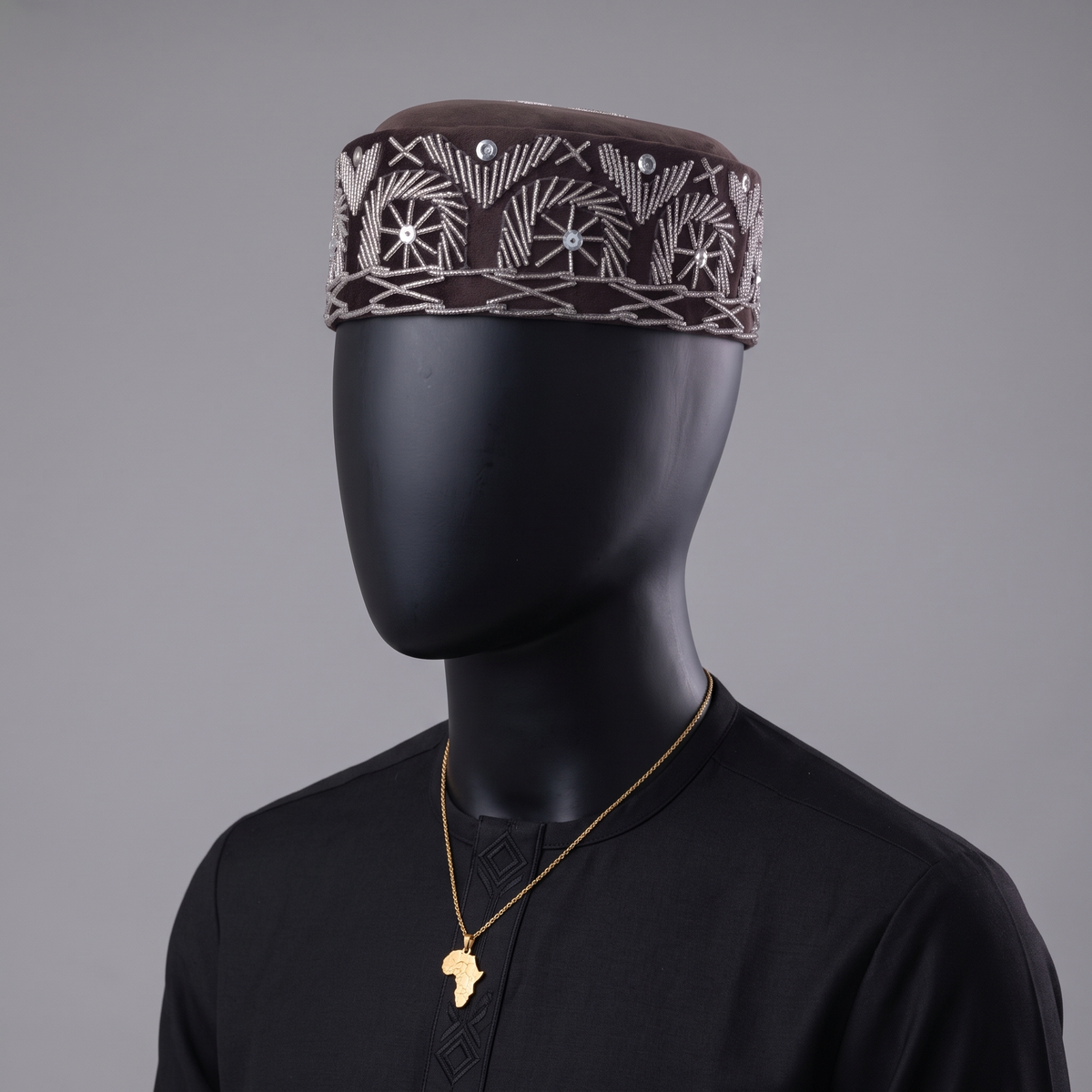 Brown Velvet Beaded Cap