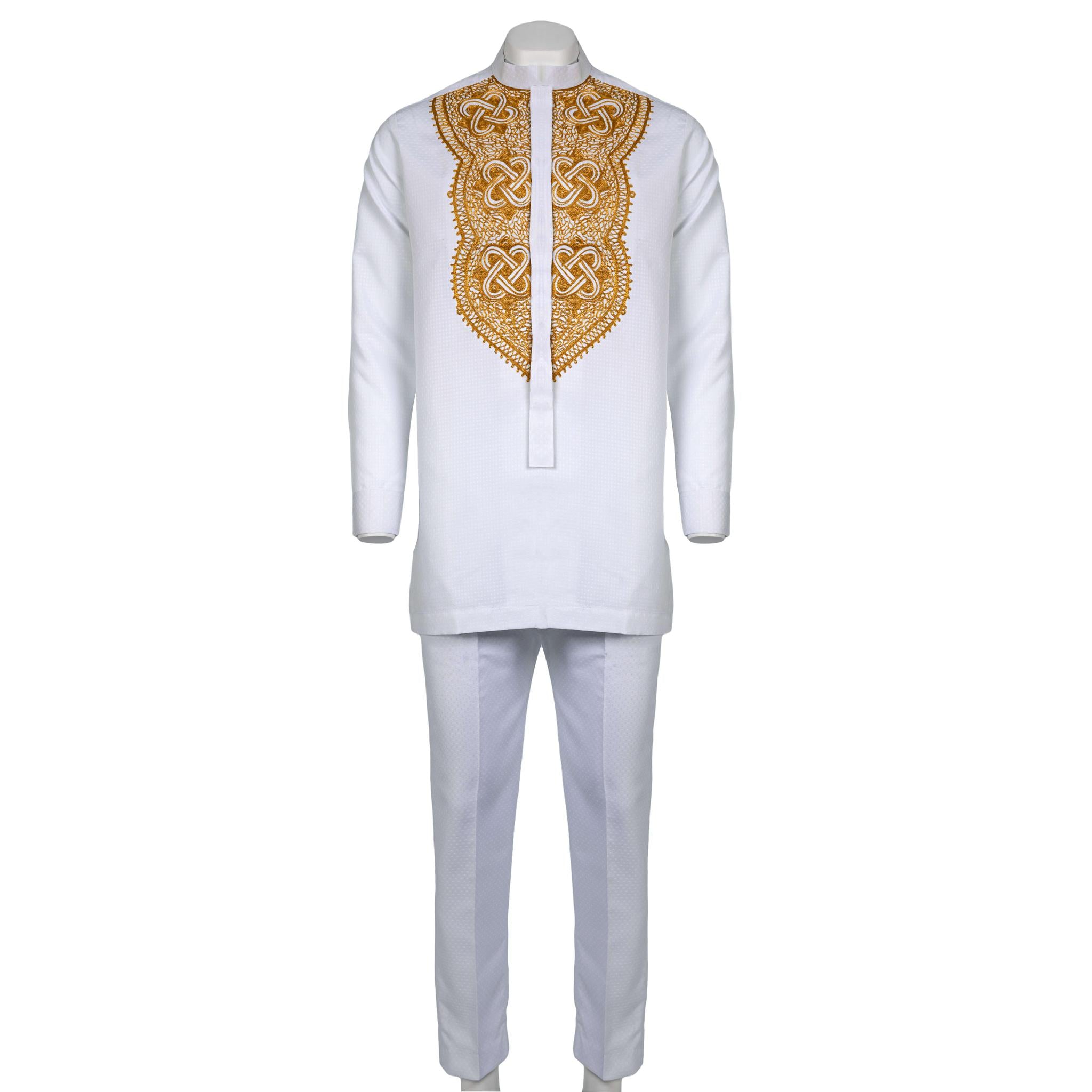 White And Gold Band Collar Long Sleeve Set - Main Image