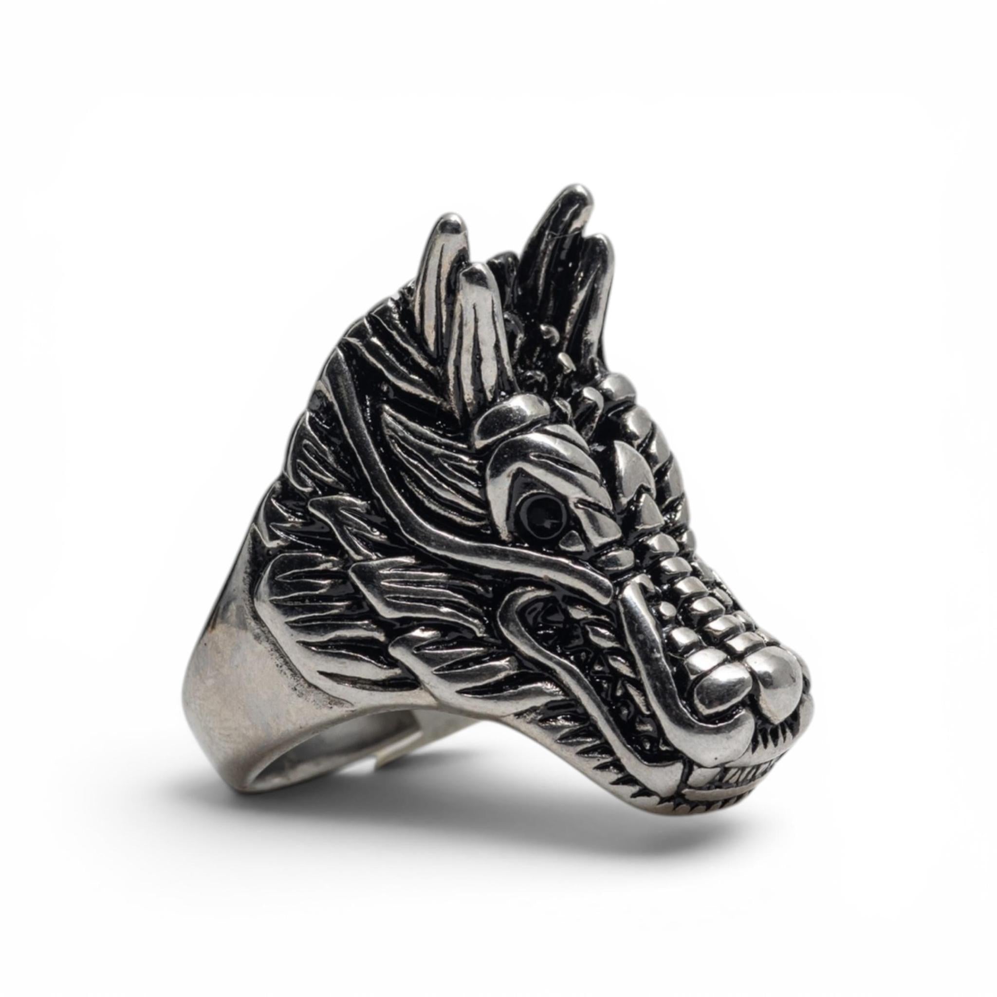 Antiqued Silver-Tone Mythical Dragon Statement Ring