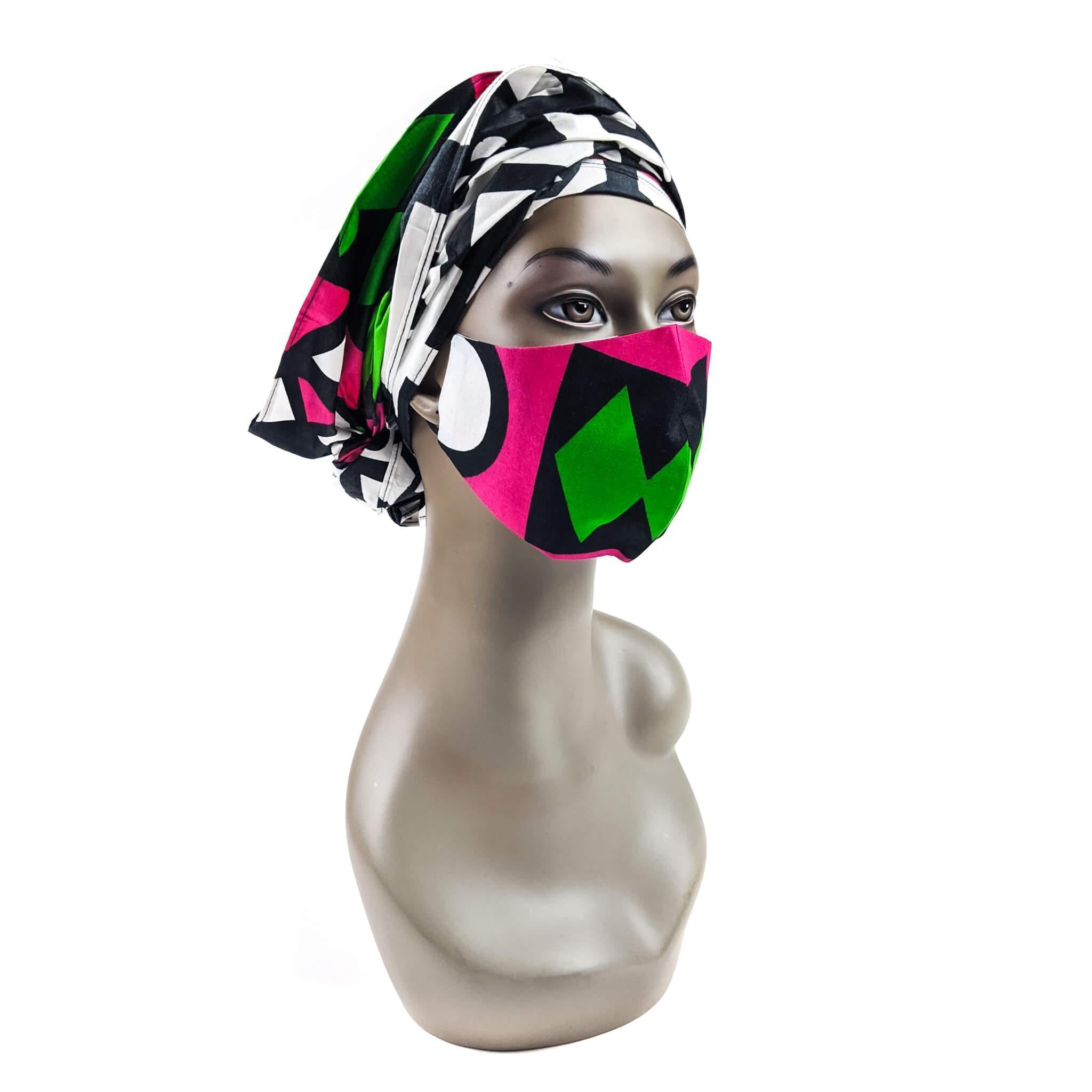 Handmade Ankara Face Mask with Head Scarf & Disposal Filters