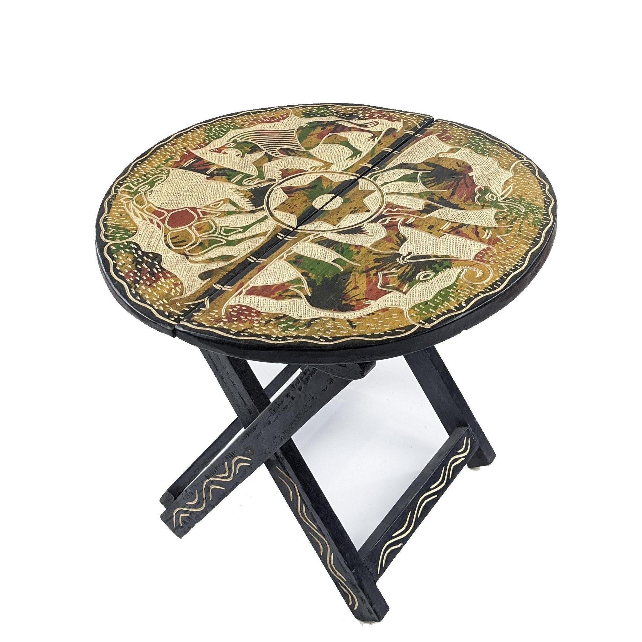 Handcrafted Circular Carved Wood Folding Table