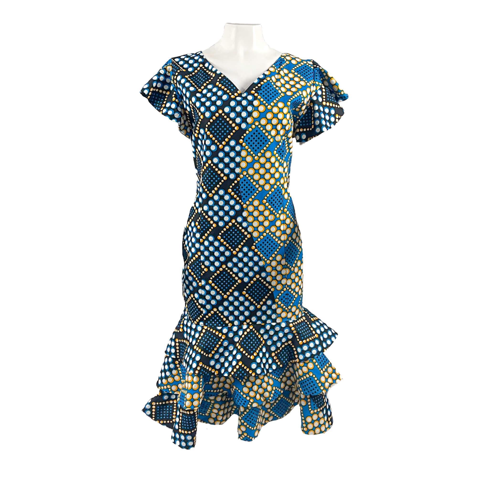blue ankara dress Blue Ankara Midi Dress: African Print Flare Sleeve Summer Dress