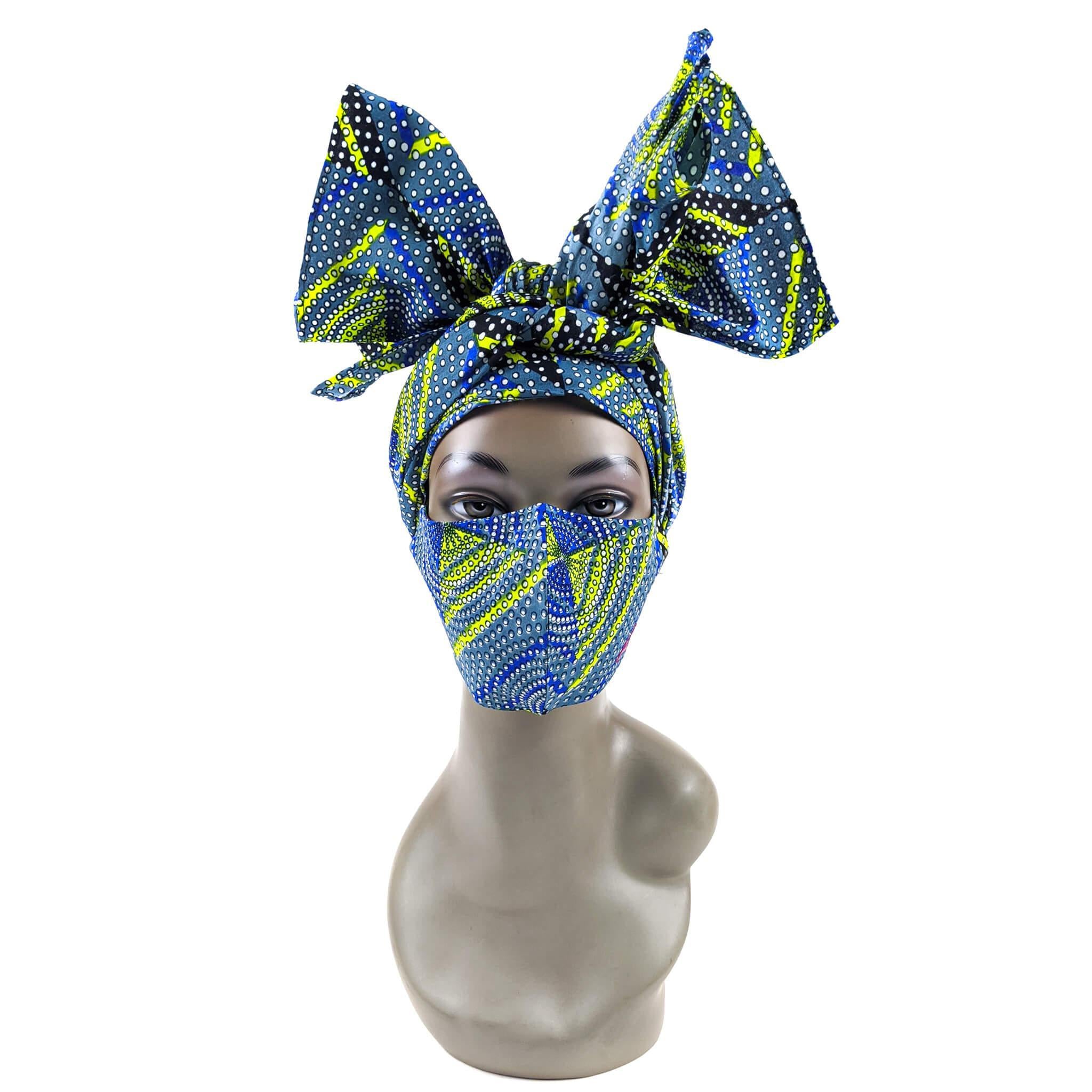 Handmade Ankara Face Mask with Head Scarf & Disposal Filters