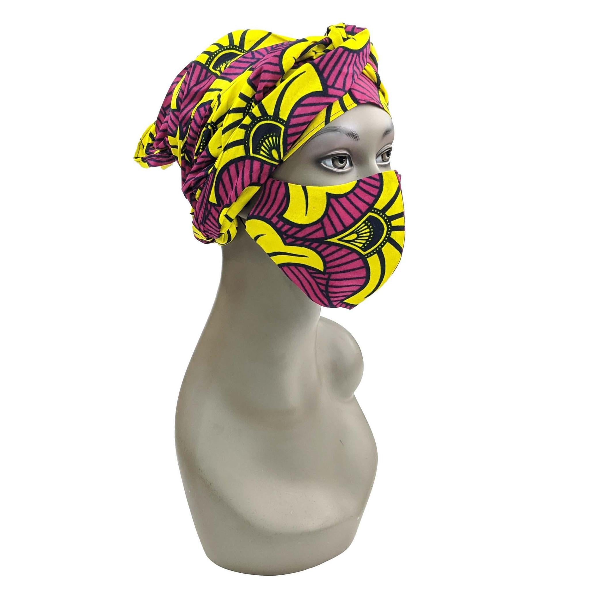 Ankara Face Mask with Head Scarf and PM 2.5 Face Cover Disposal Filters