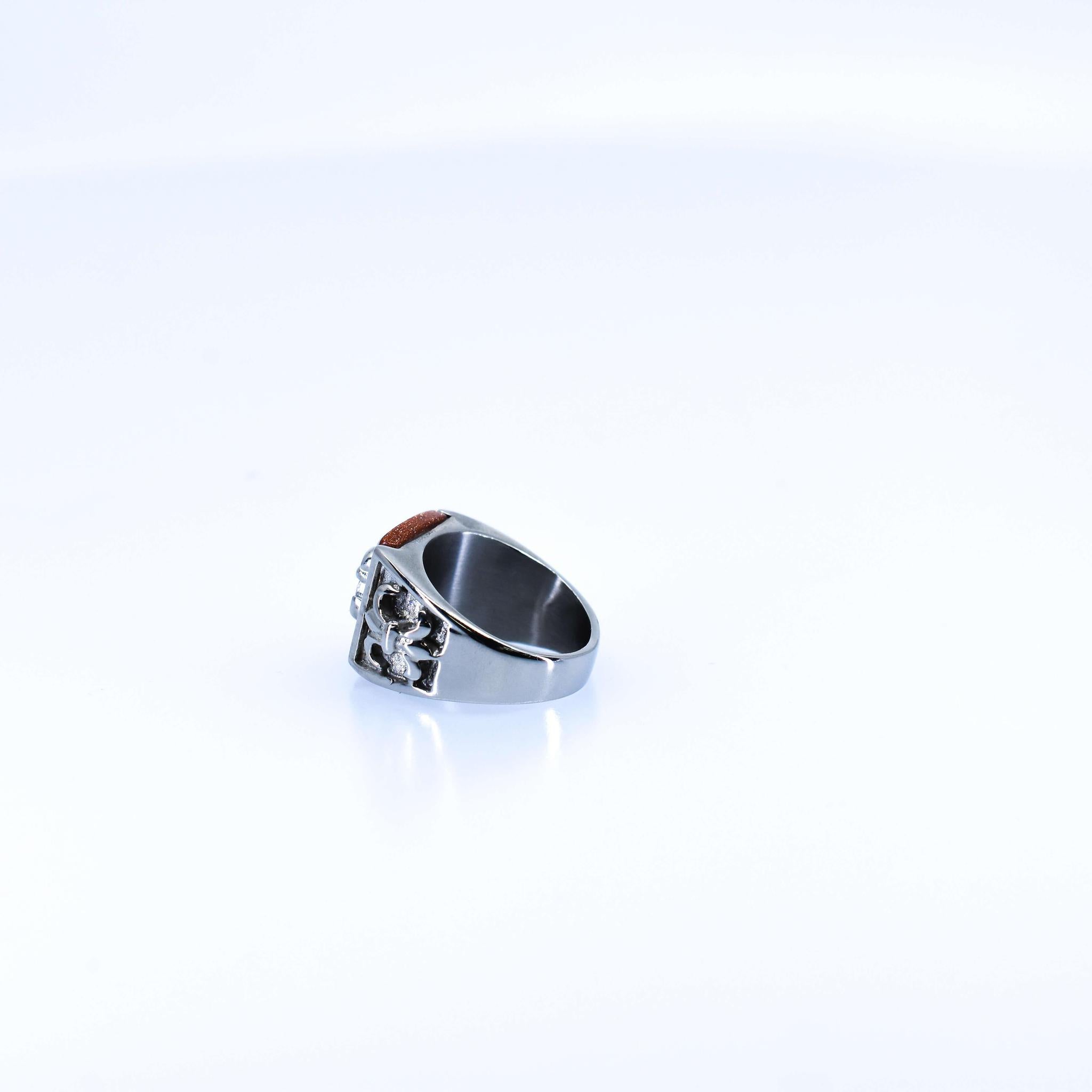 Silver-Tone Fleur-de-Lis Goldstone Signet Ring