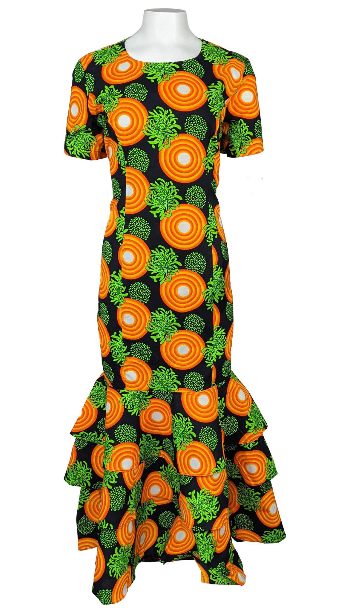 Women's Long Fitted Dress W/Three Step Peplum 14 / Green & Yellow Women's Long Fitted Dress W/Three Step Peplum 14 / Green & Yellow