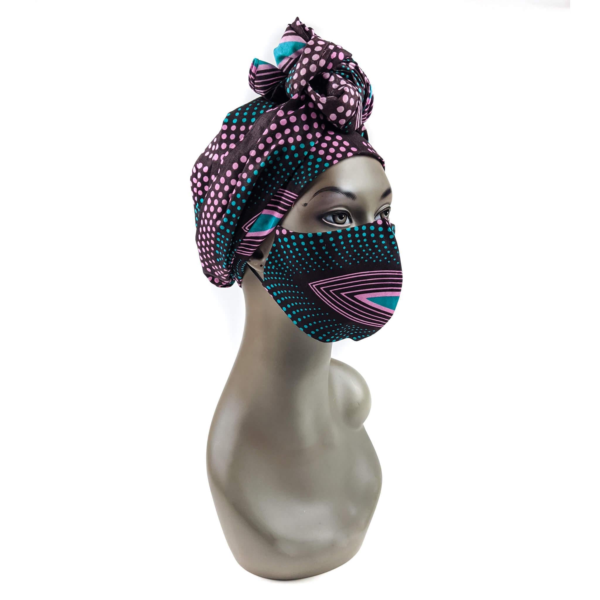 Handmade Ankara Face Mask with Head Scarf & Disposal Filters