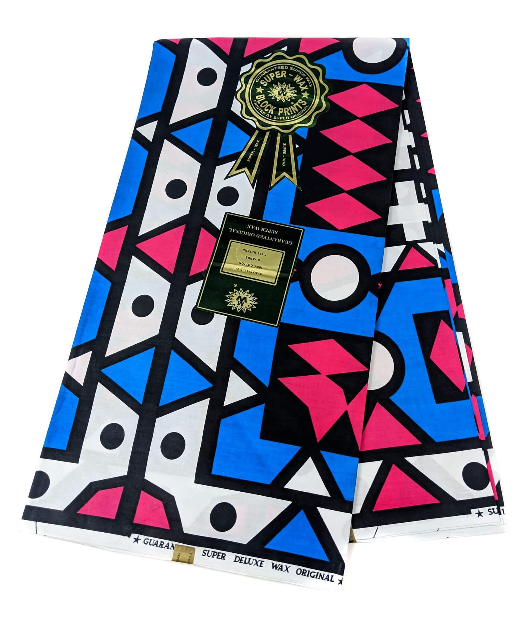 Blue and Pink Geometric African Wax Fabric