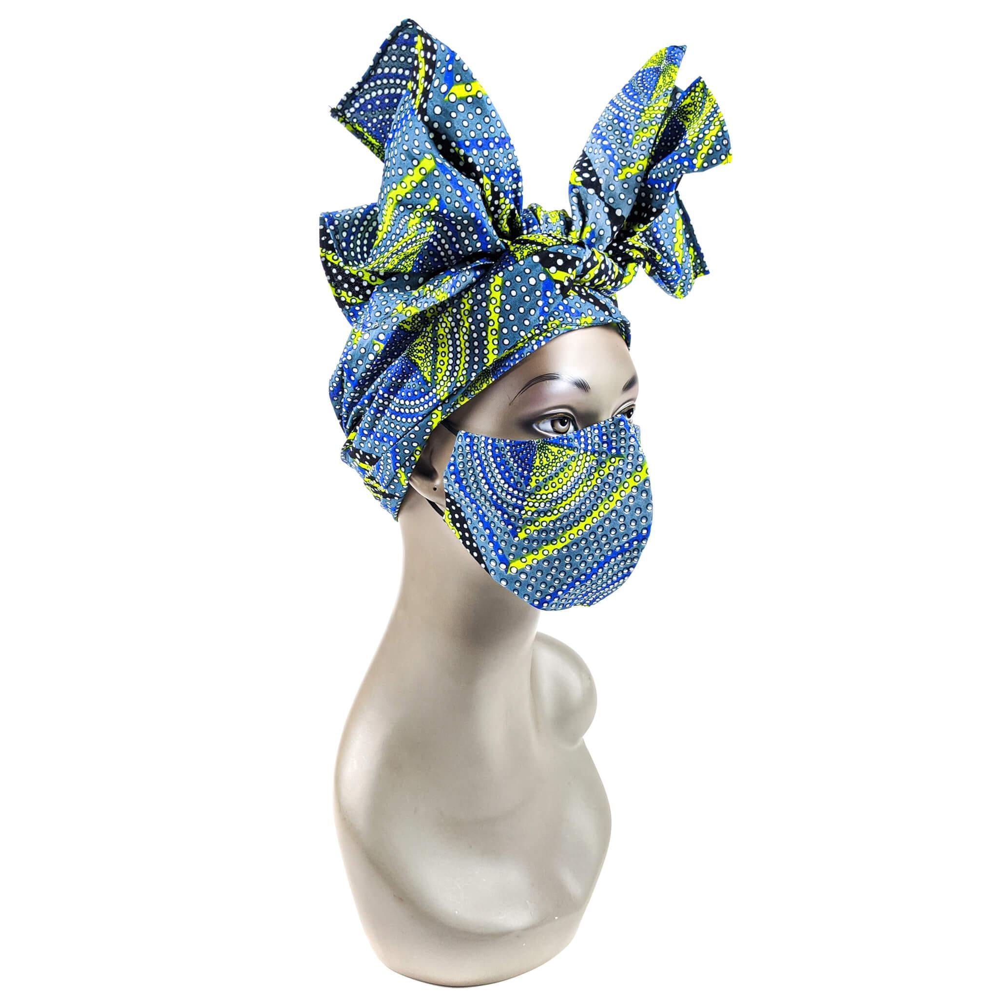 Handmade Ankara Face Mask with Head Scarf & Disposal Filters