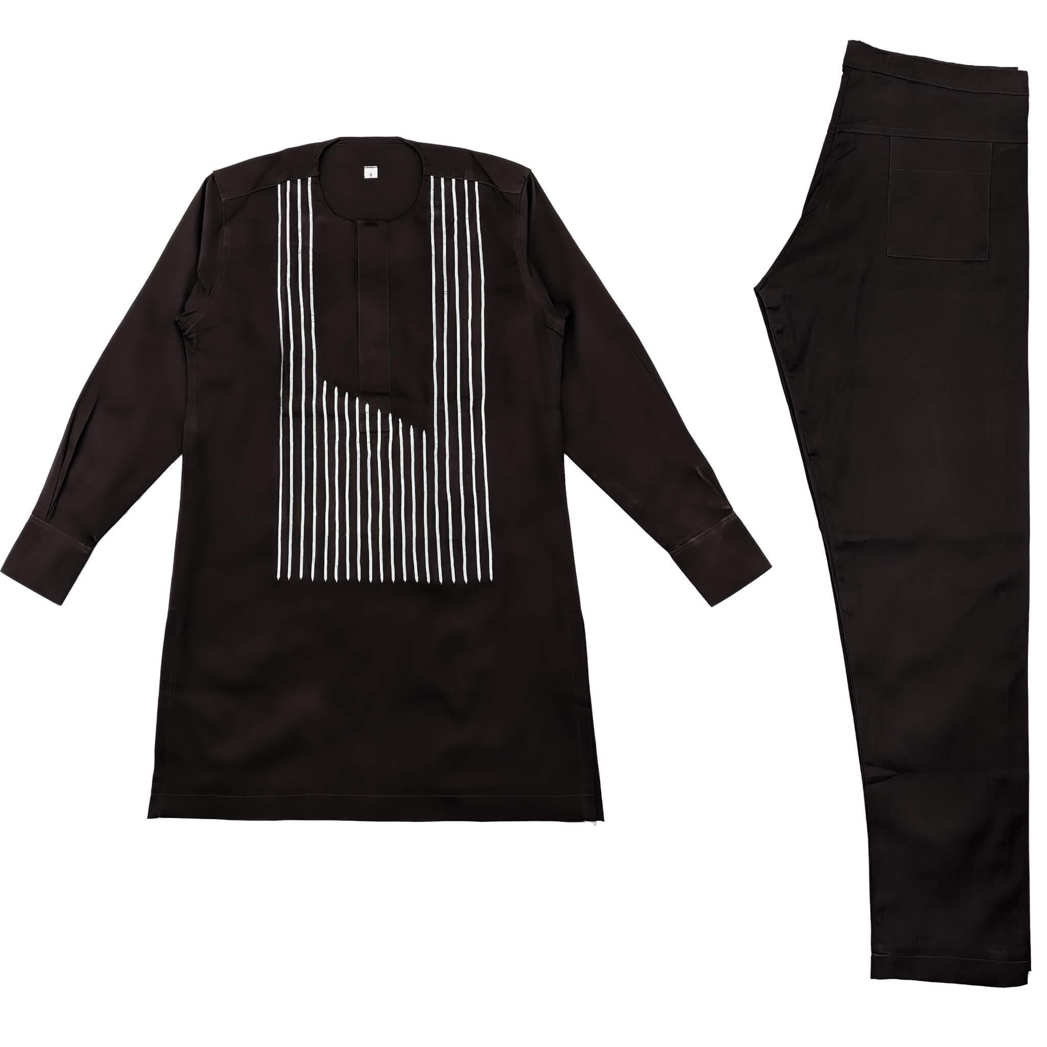 Brown & White Men Embroidery Long Sleeve Set