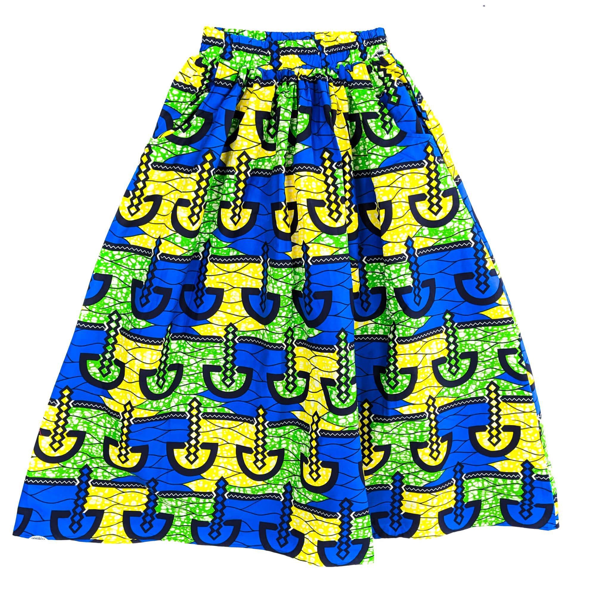 Handmade Blue Multi Ankara Print Midi Skirt