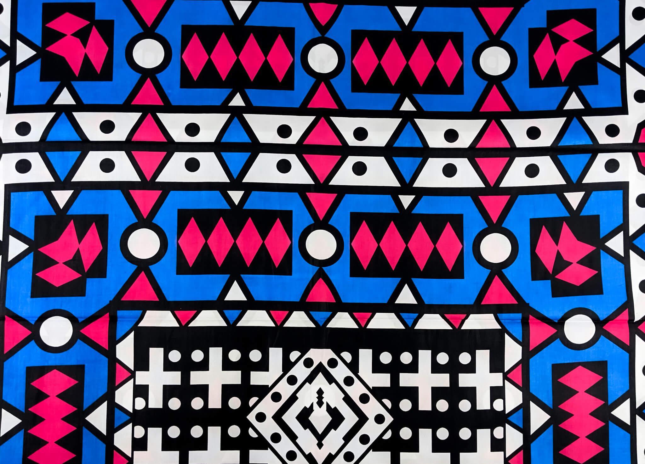 Blue and Pink Geometric African Wax Fabric