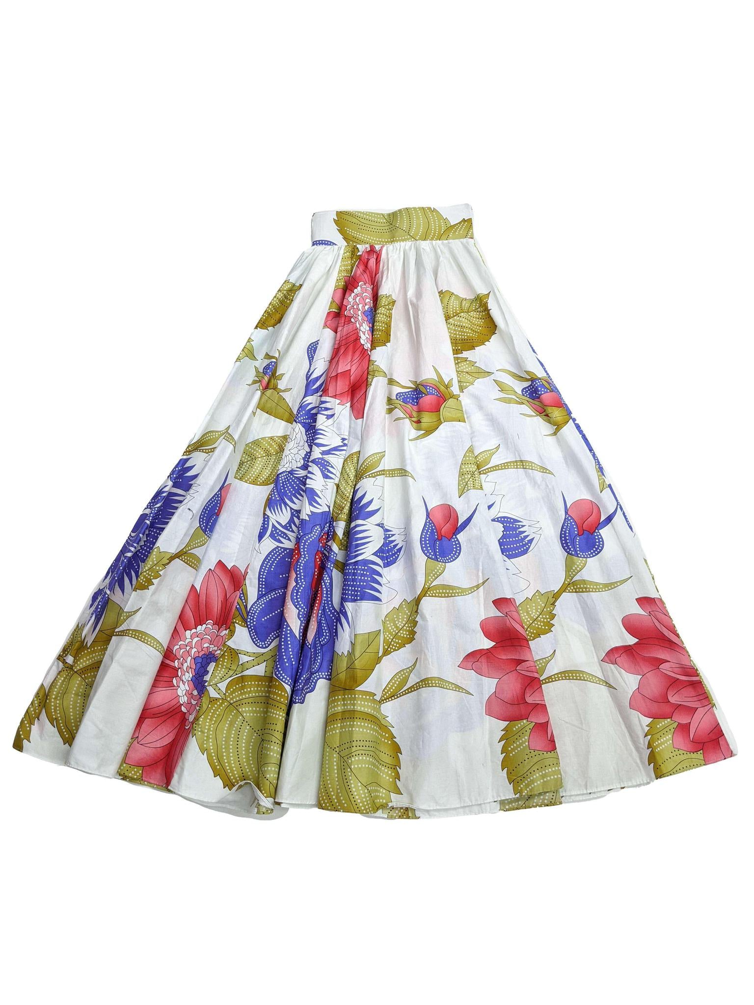 White, Blue and Red  Floral Wax Long Skirt