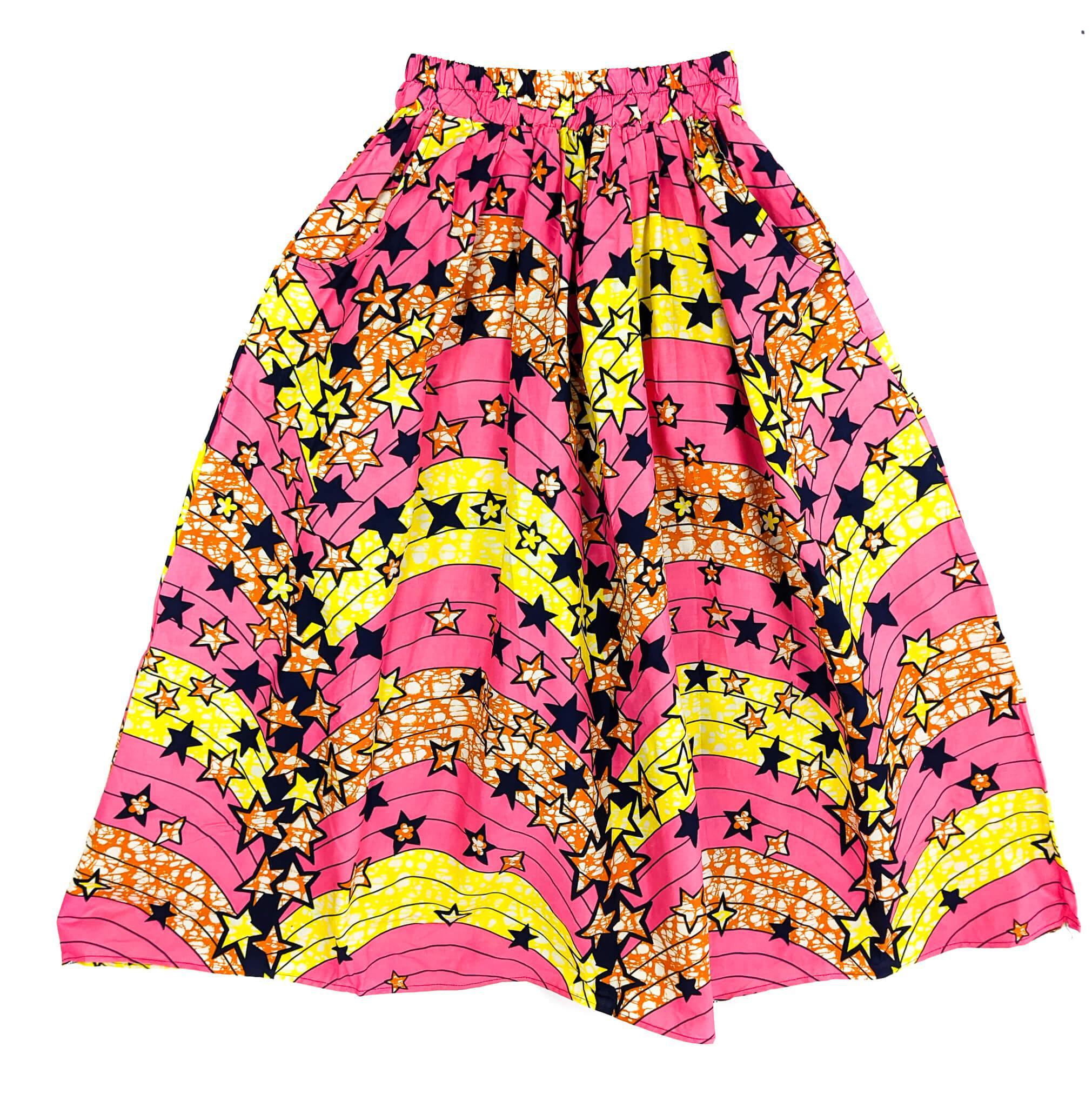 Handmade Pink Stars Ankara Print Midi Skirt