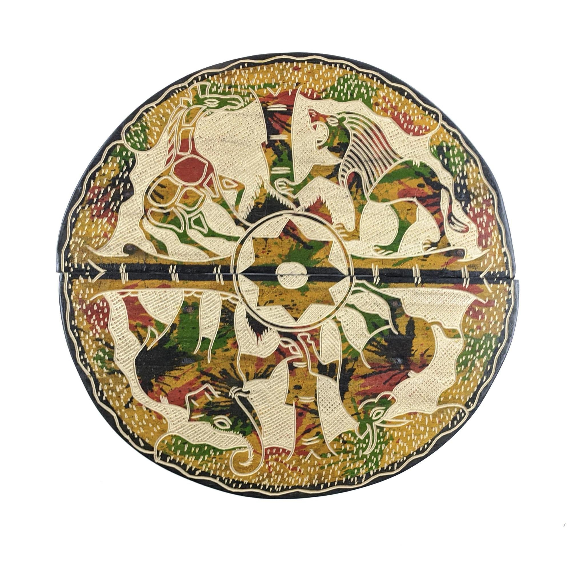 Handcrafted Circular Carved Wood Folding Table