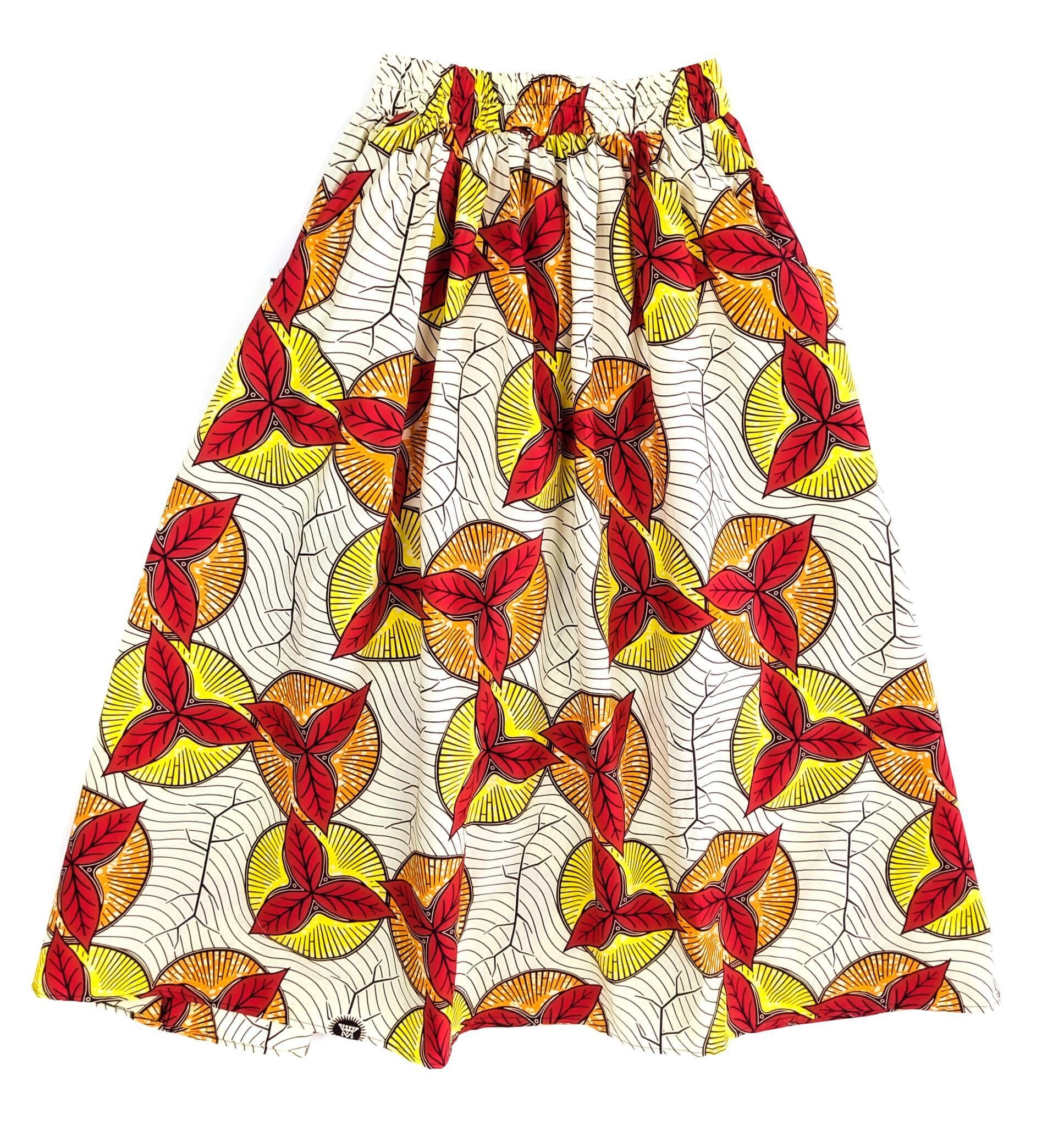 Handmade White Multi Floral Ankara Print Midi Skirt