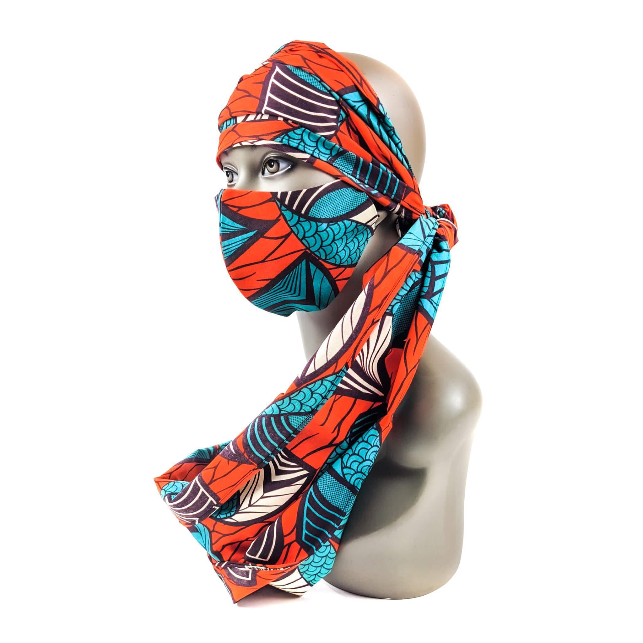 Handmade Ankara Face Mask with Head Scarf & Disposal Filters