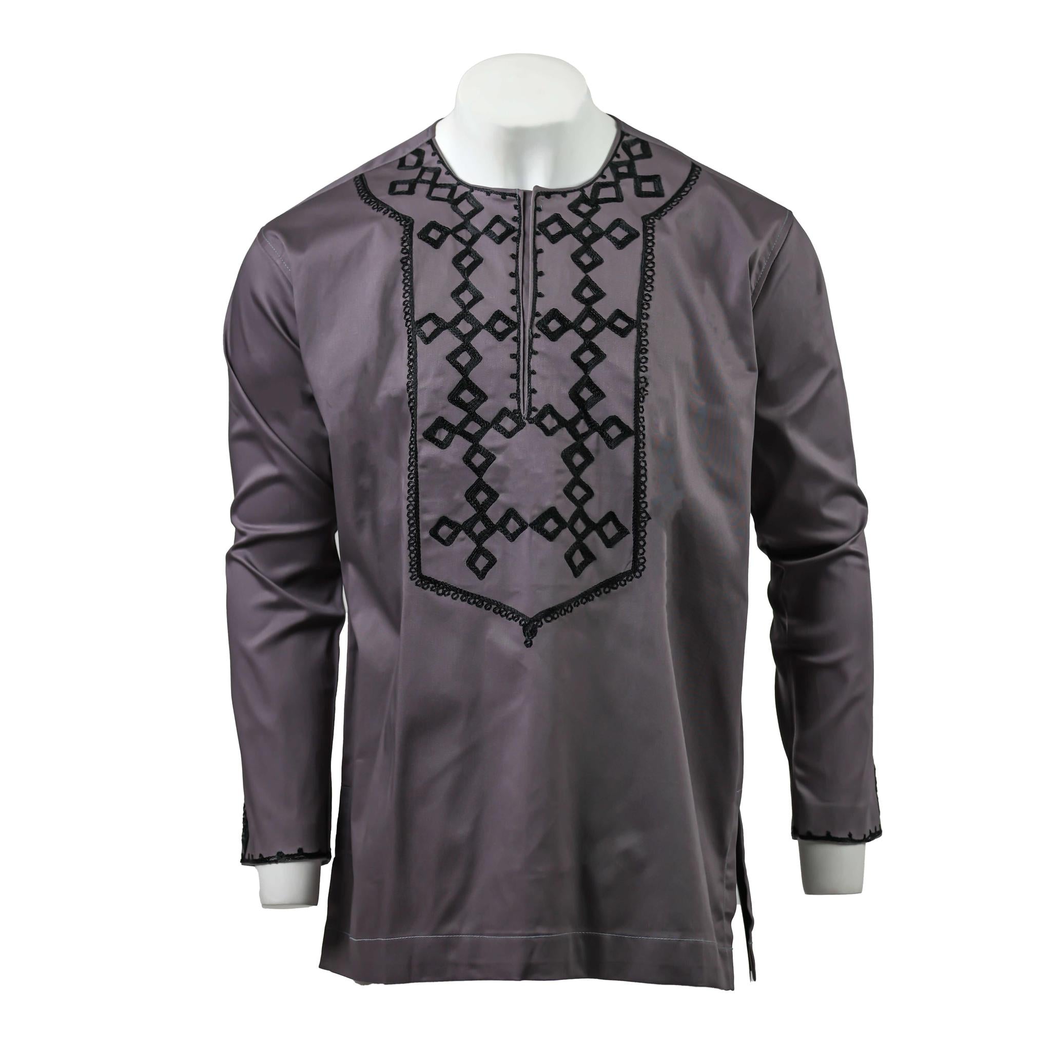 Grey & Black Embroidered Long Sleeve Top