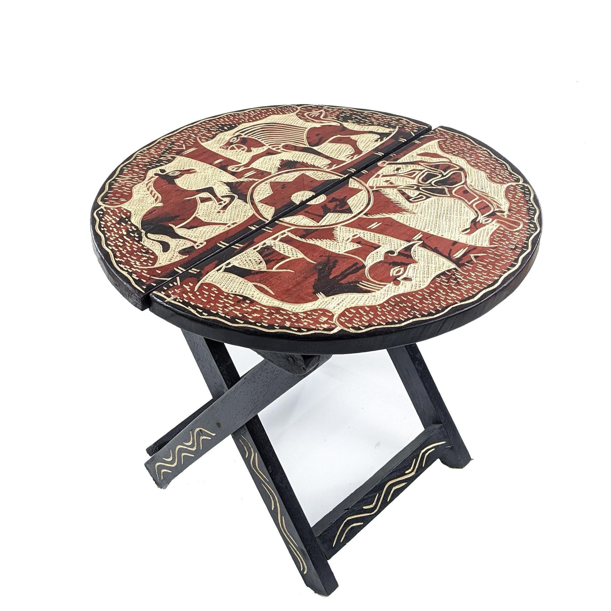 Red Handcrafted Circular Carved Wood Folding Table