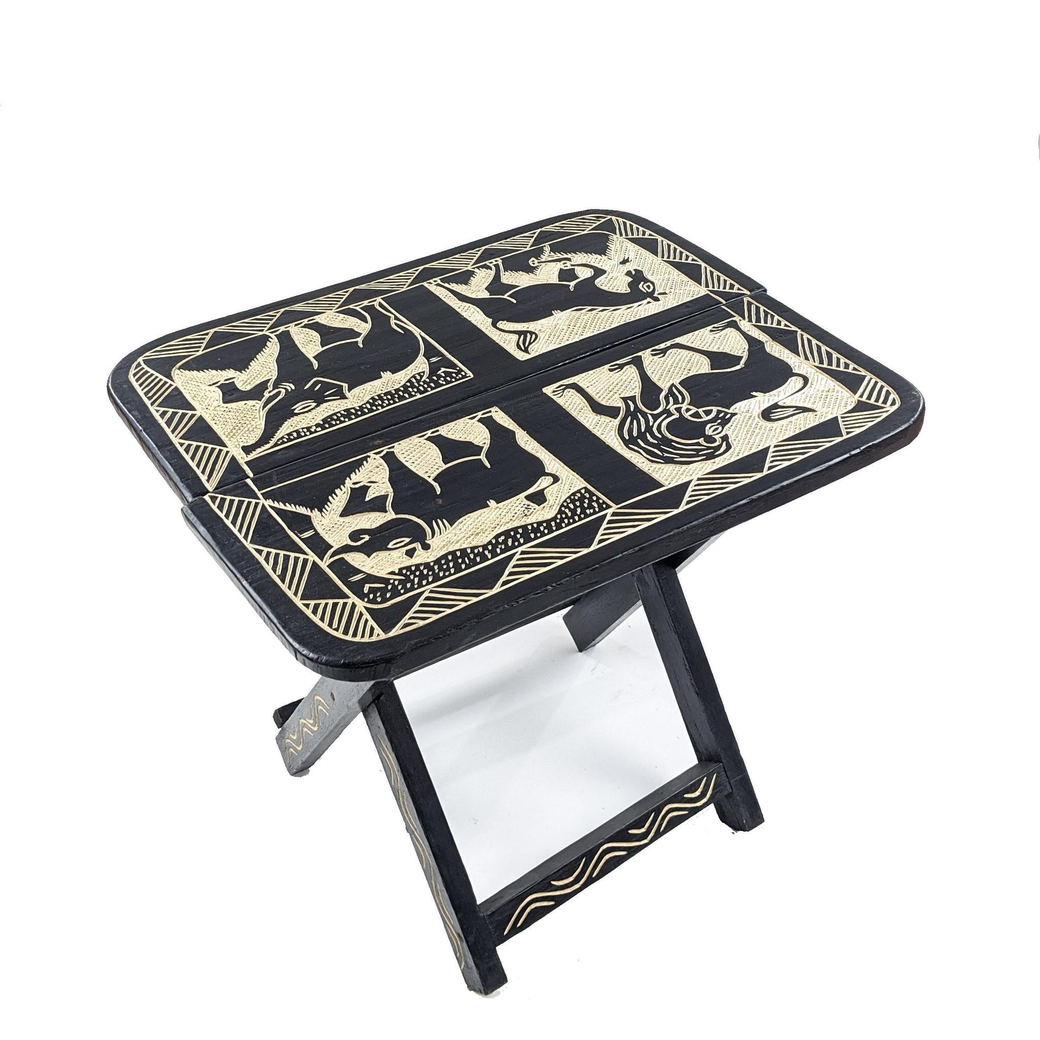 Handcrafted Rectangular Carved Wood Folding Table